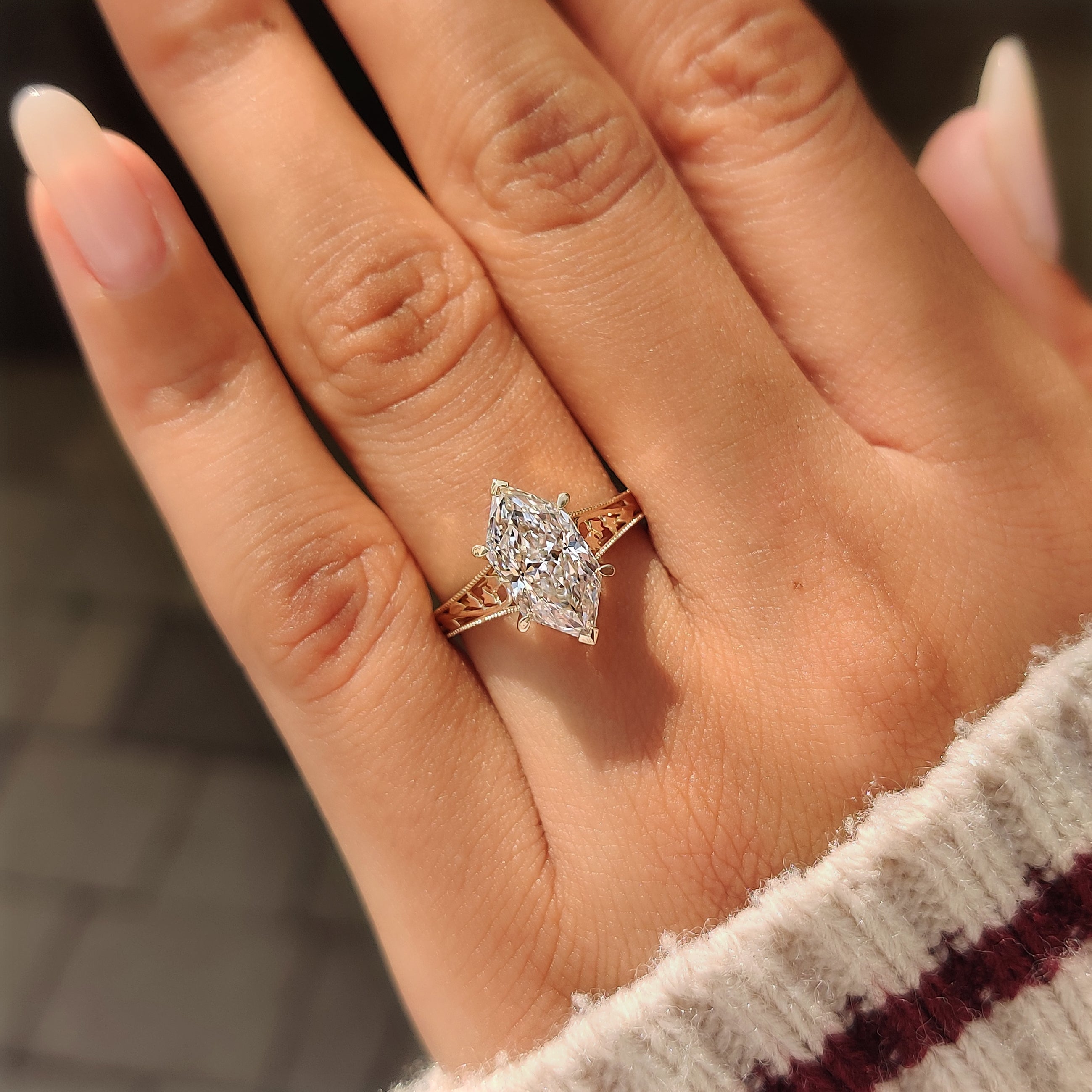 Milgrain details on a vintage inspired Dutch marquise ring.
