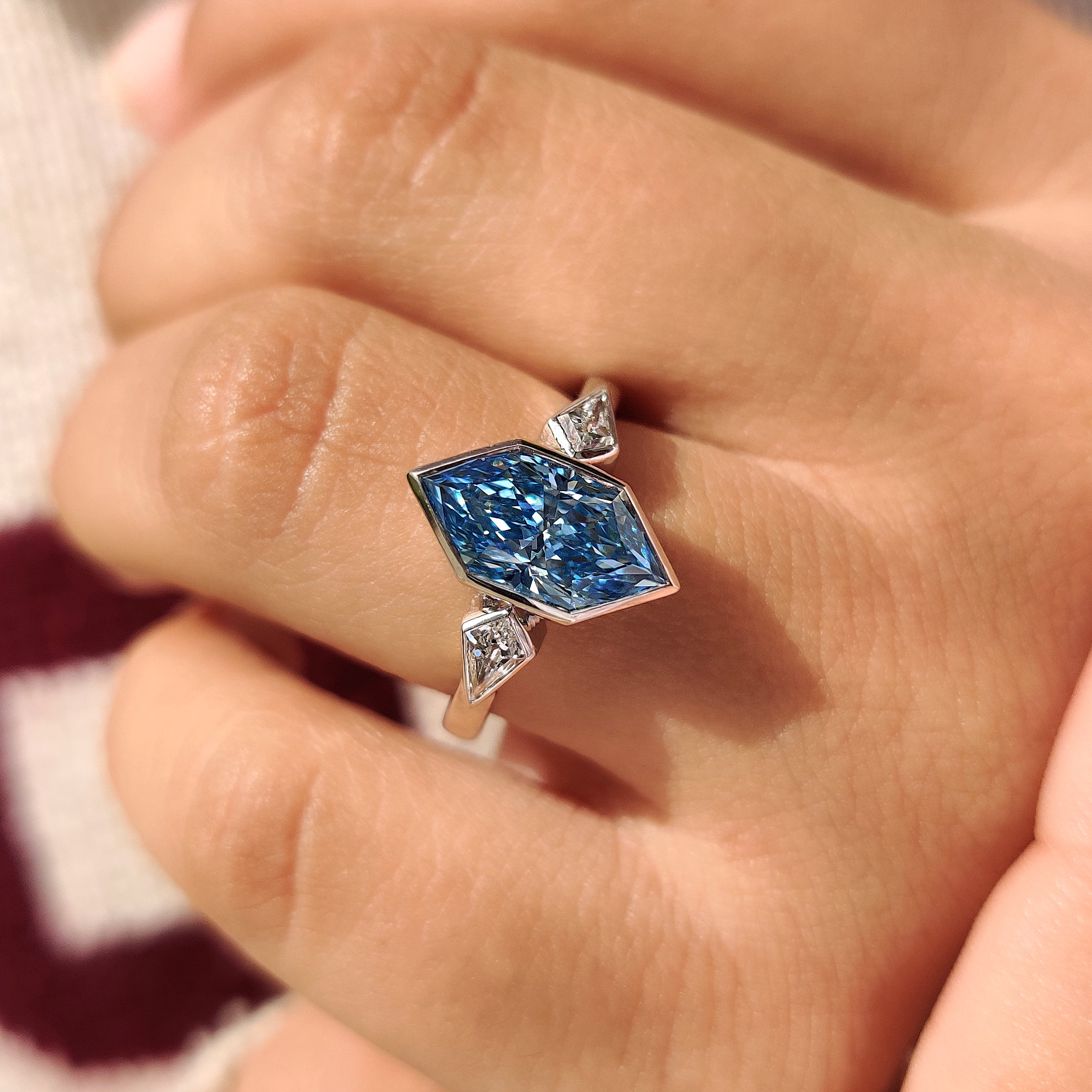 Blue Dutch Marquise Three Stone Engagement Ring with Kite Side Stones