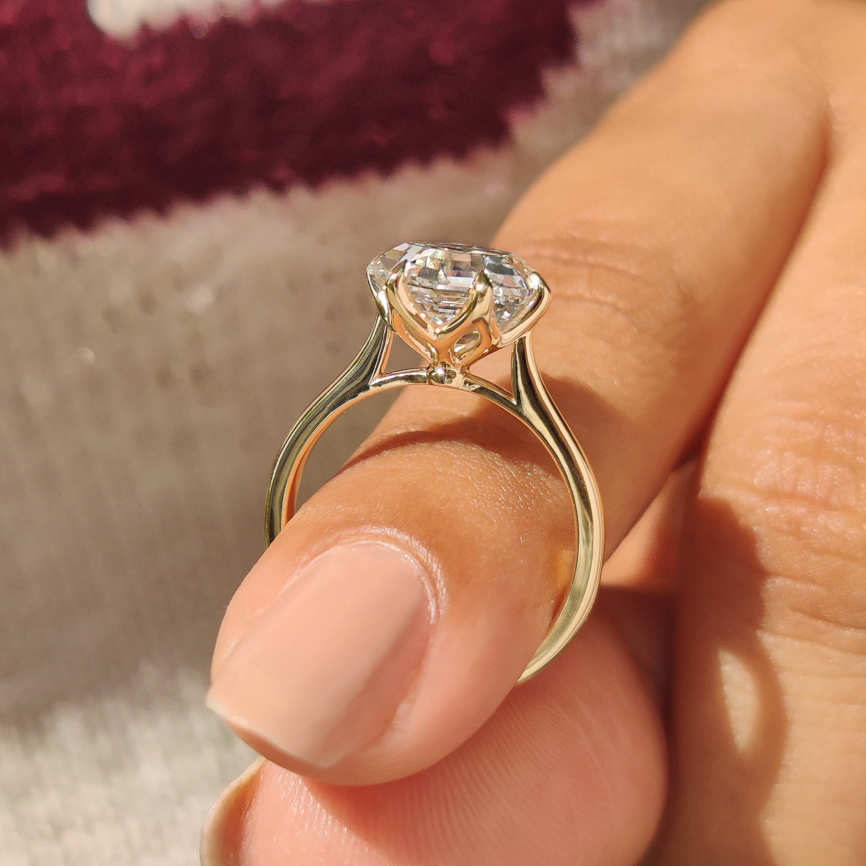 Lab grown hexagon diamond ring with cathedral style setting
