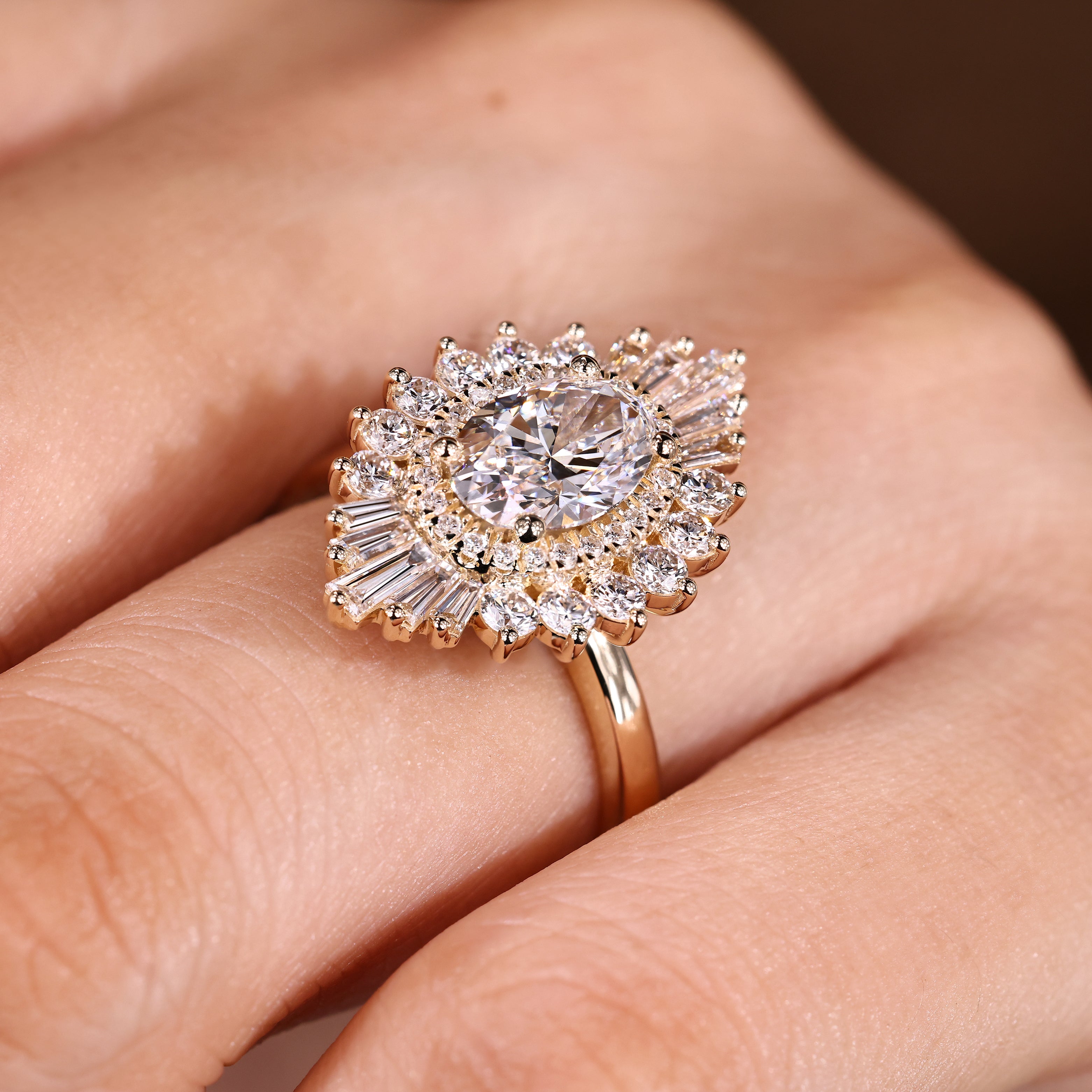 Lab grown oval diamond ring with snowflake halo style
