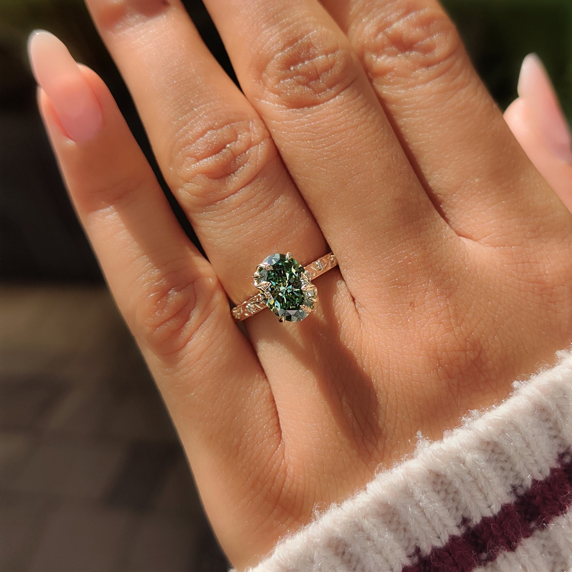 Round diamond accents in a design.
