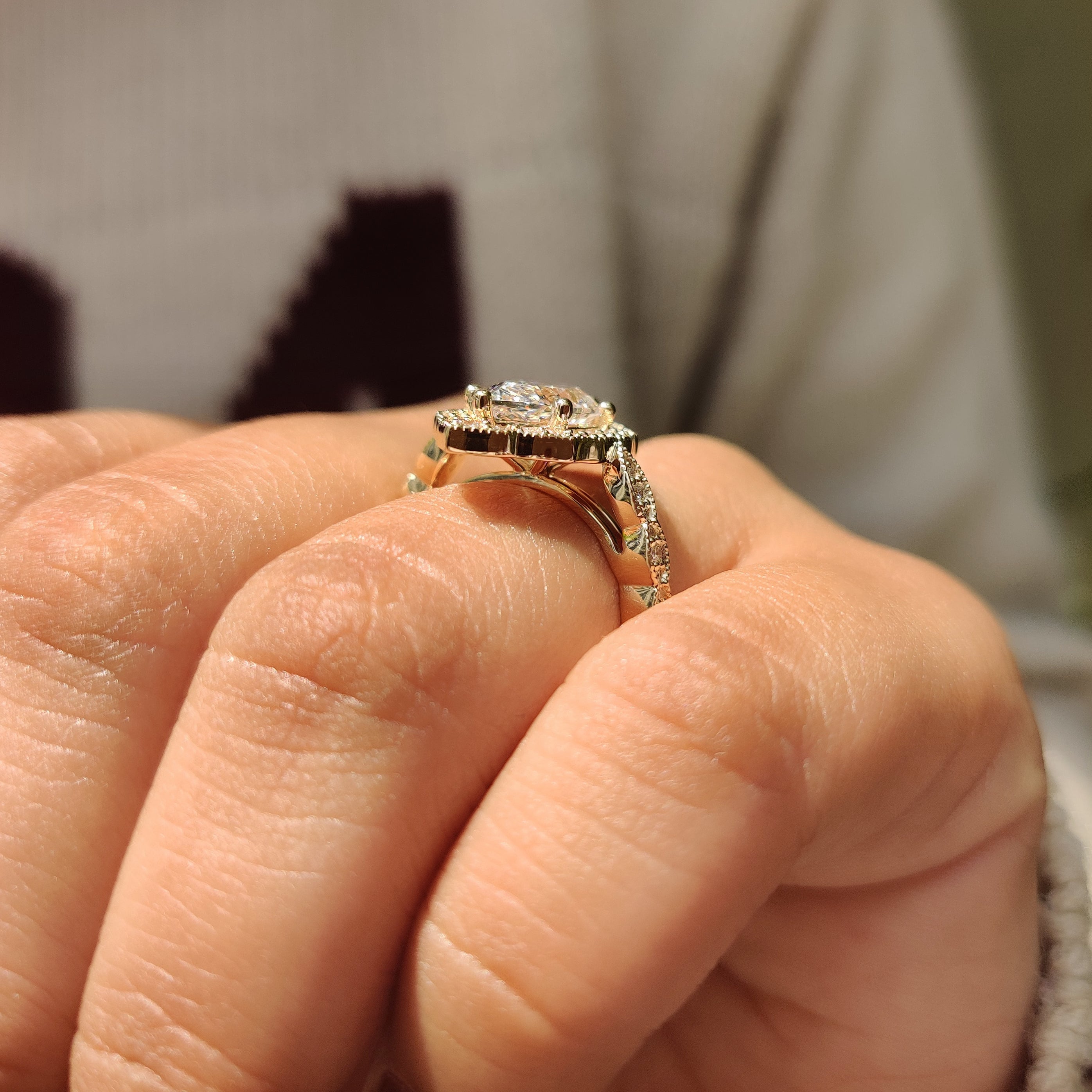 Handmade dutch marquise ring with halo and milgrain details.
