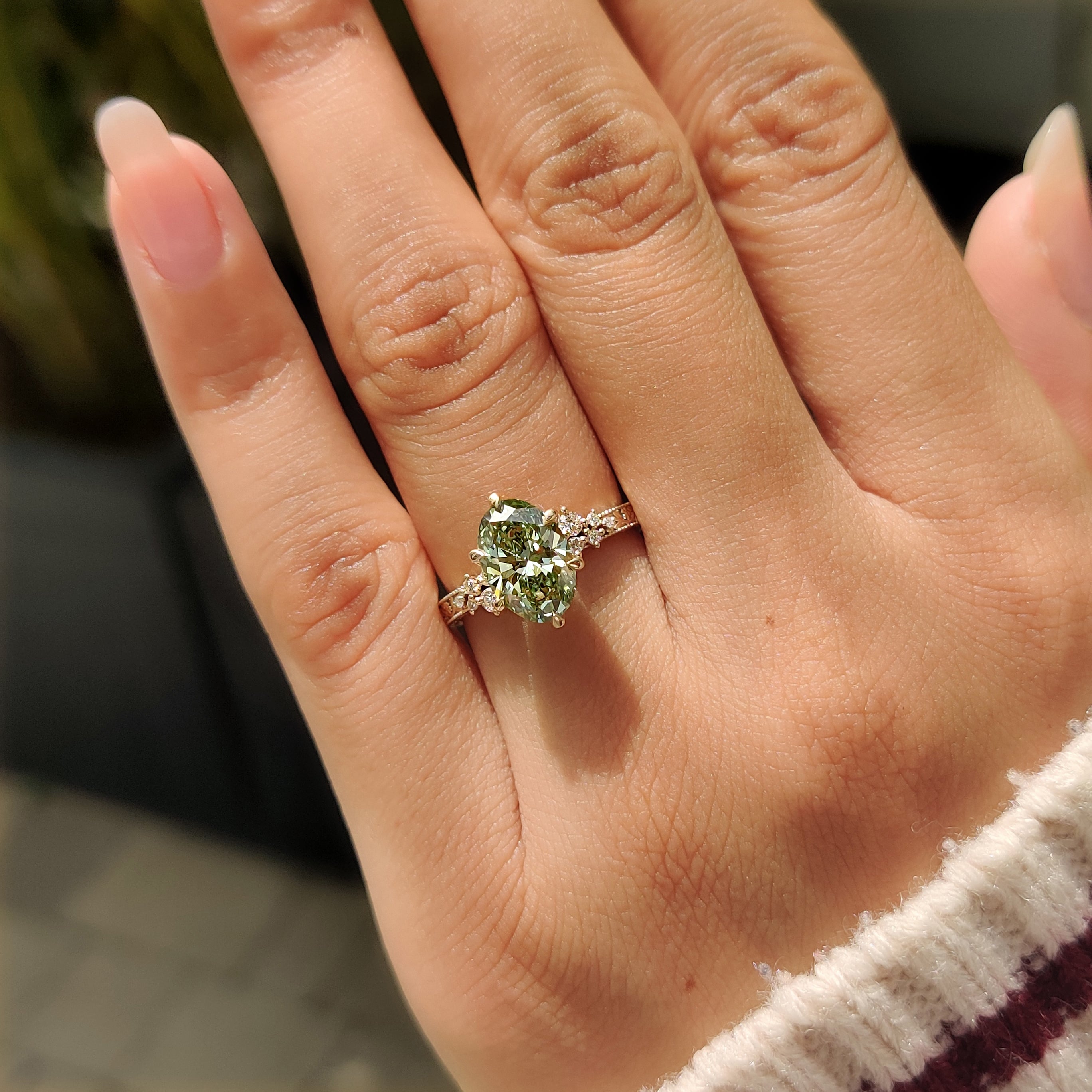 Oval diamond ring with six claw prong setting
