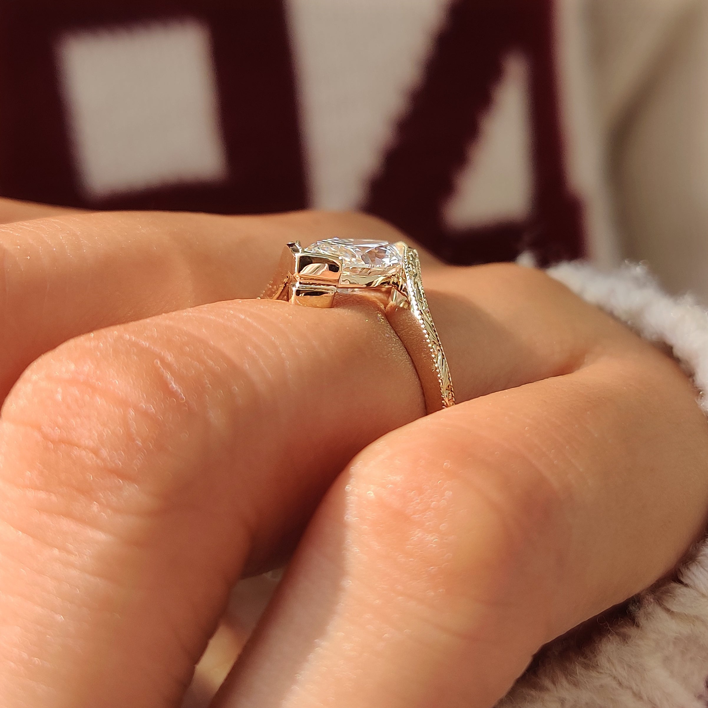 Marquise lab grown diamond in a solitaire setting.
