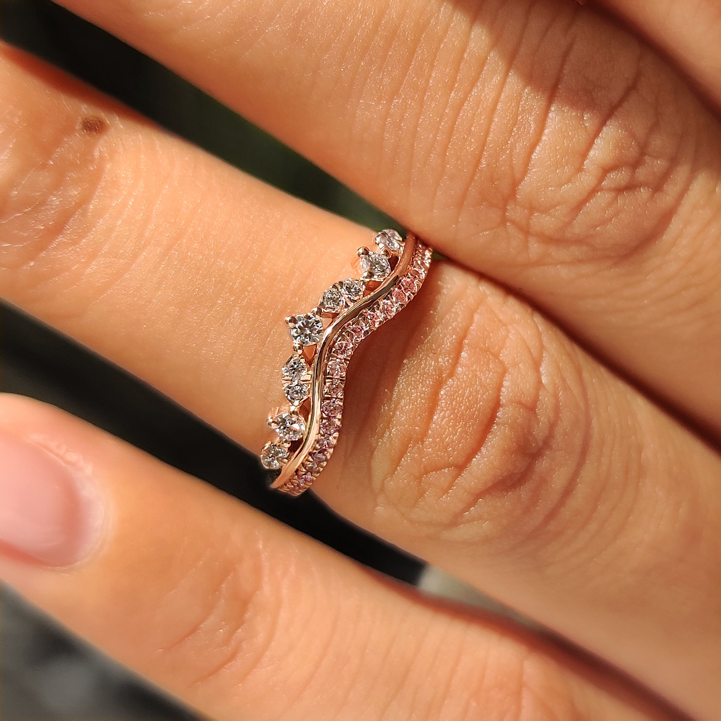 Lab grown diamond band with pink round accent stones
