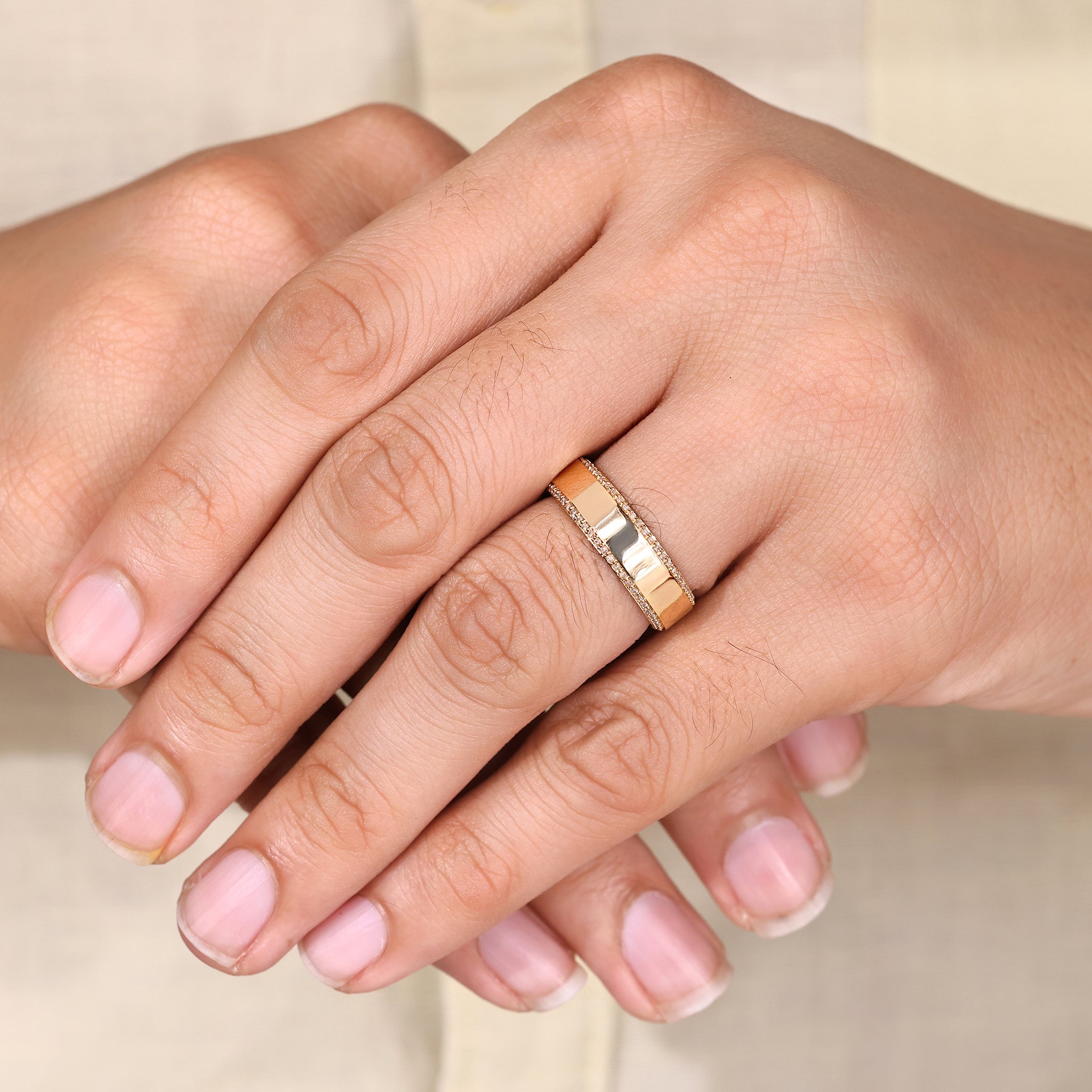Round cut lab diamond men’s wedding band.
