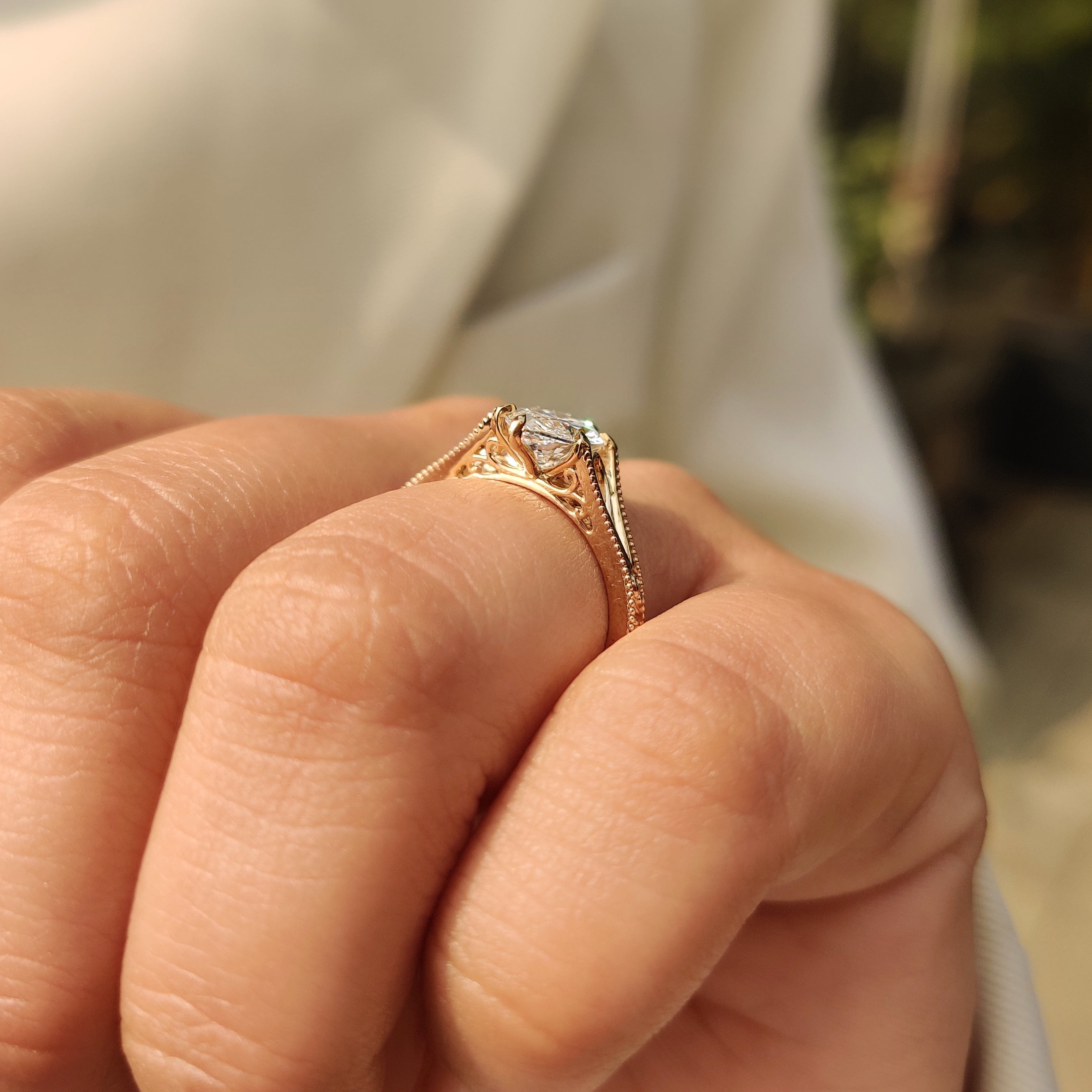 Lab grown marquise diamond ring with milgrain and prongs.
