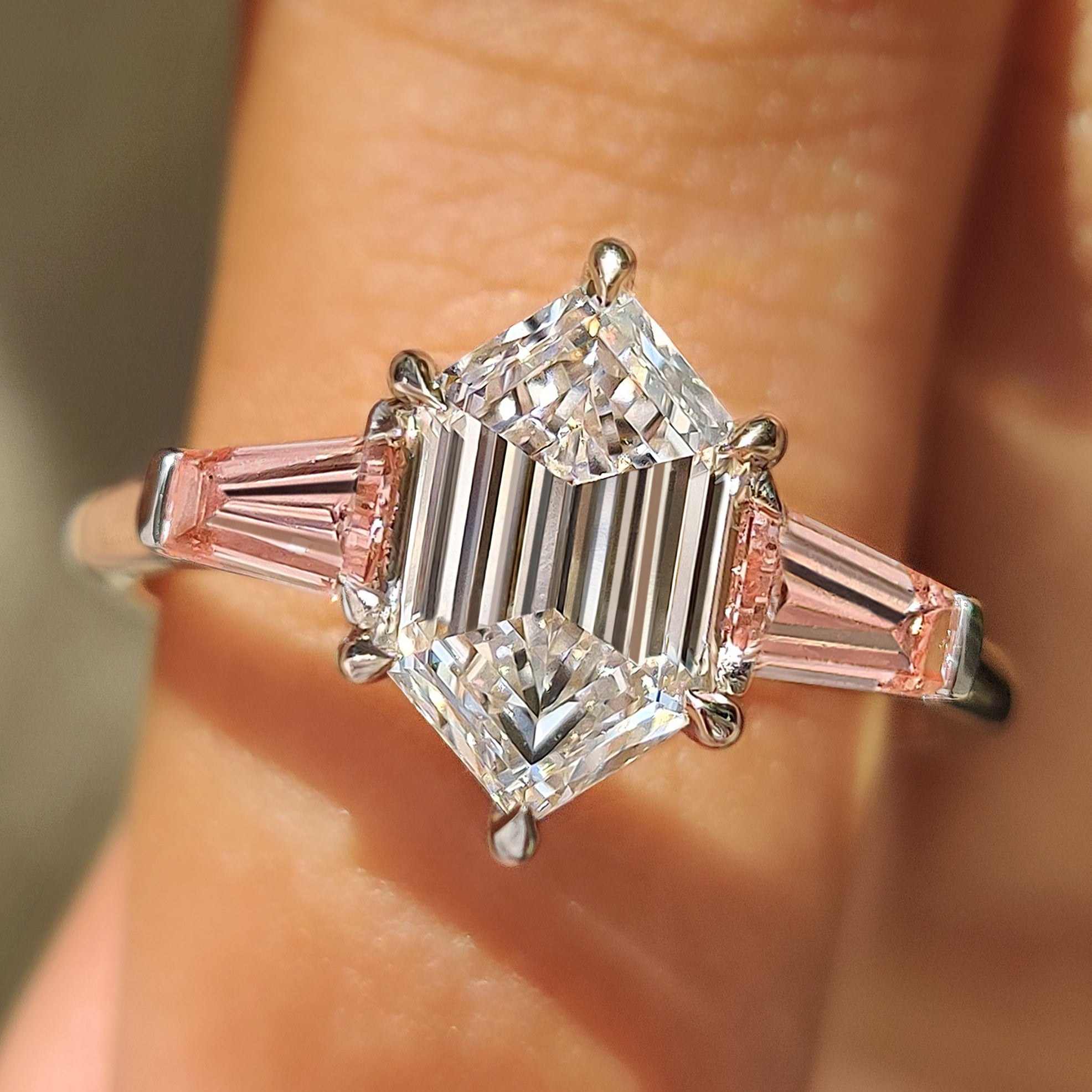 Three stone lab grown ring with hexagon center diamond

