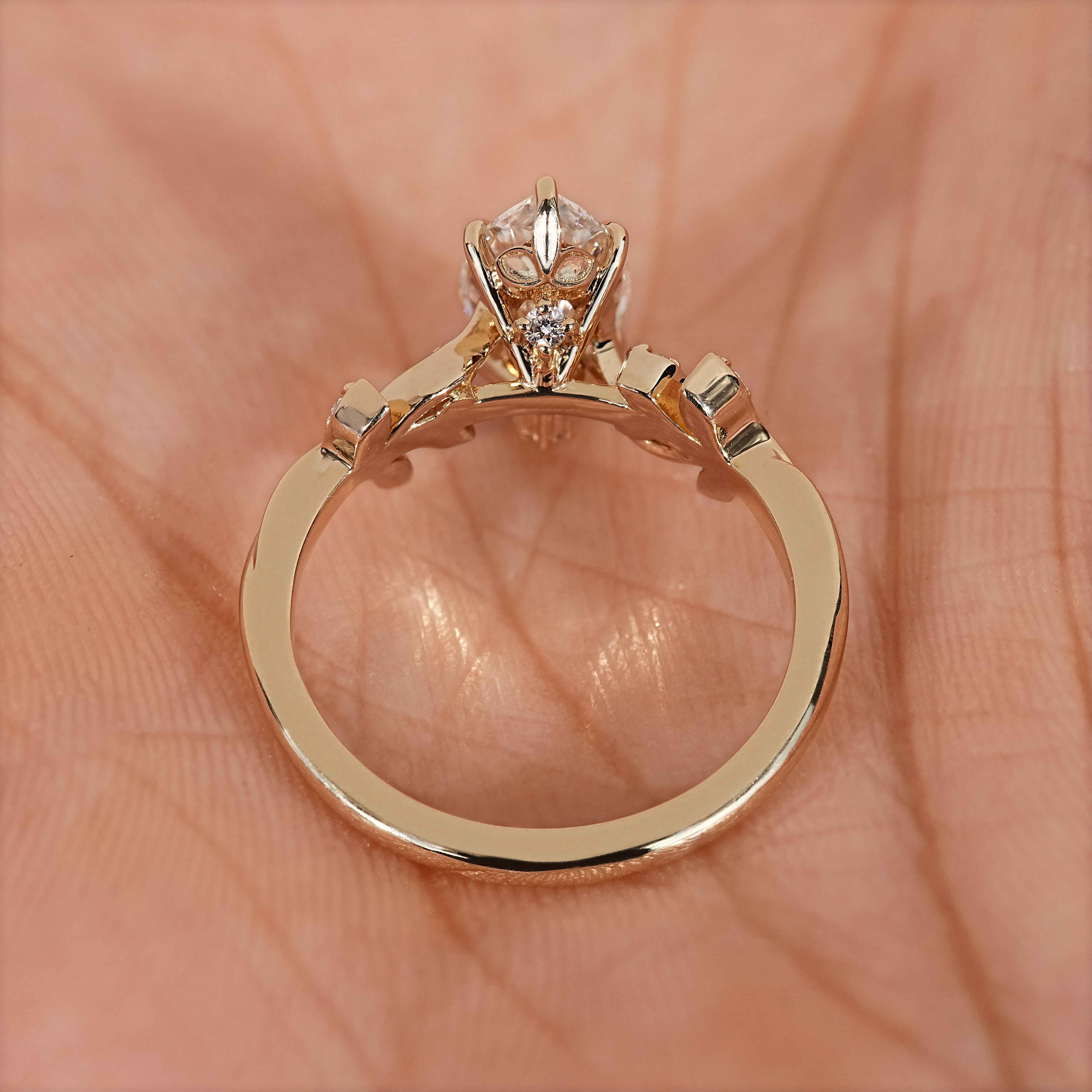 Lab grown marquise ring with hidden leaf gallery.
