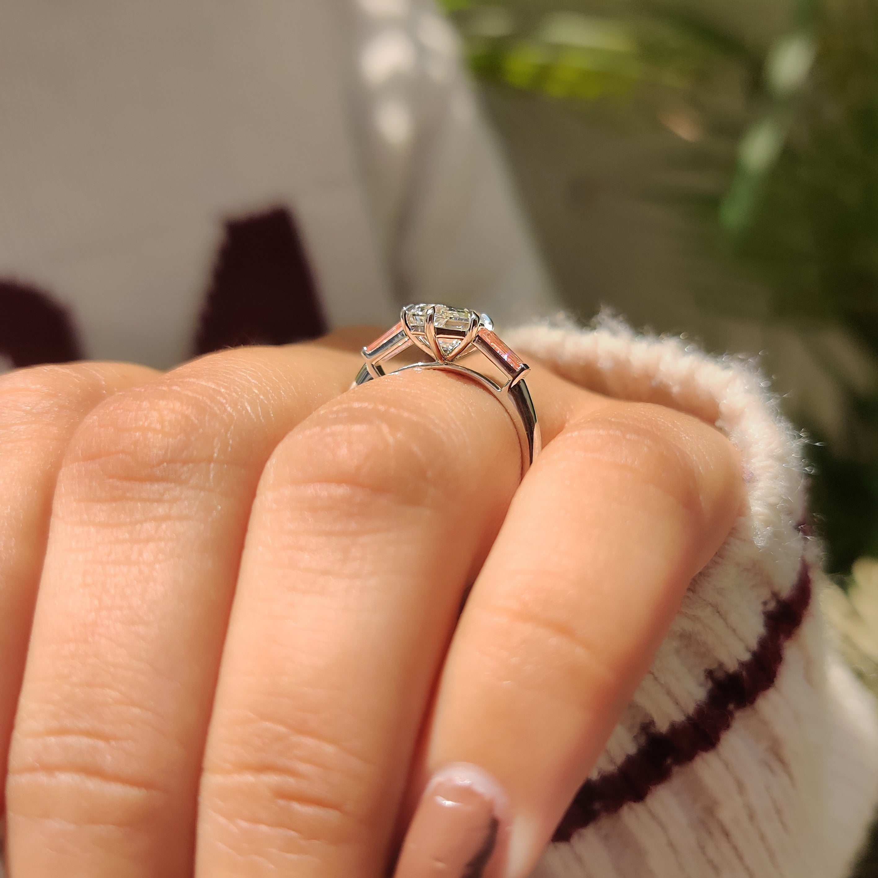 Handmade three stone ring with pink baguette accents
