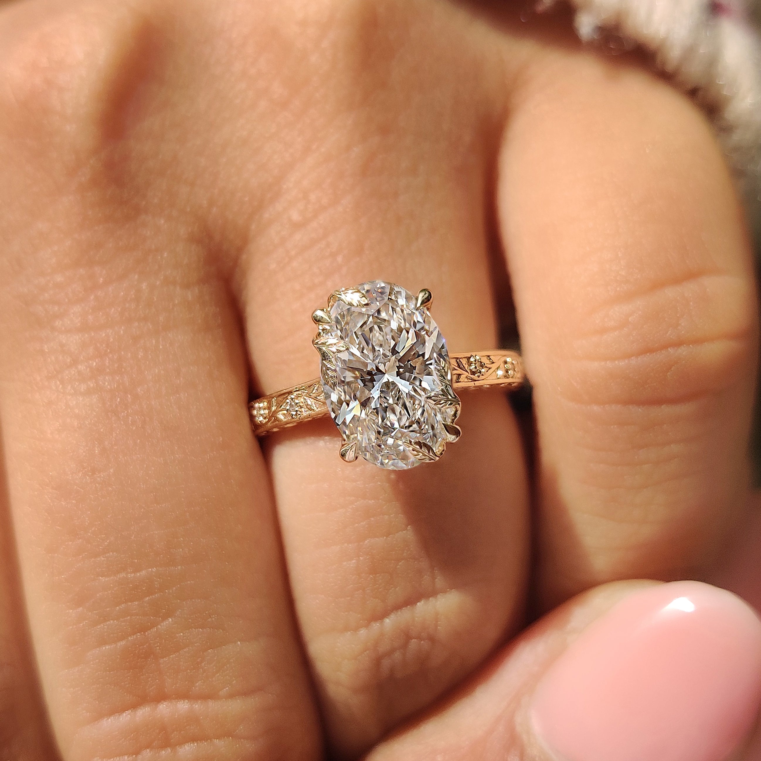 Lab grown oval diamond ring with cathedral and euro shank
