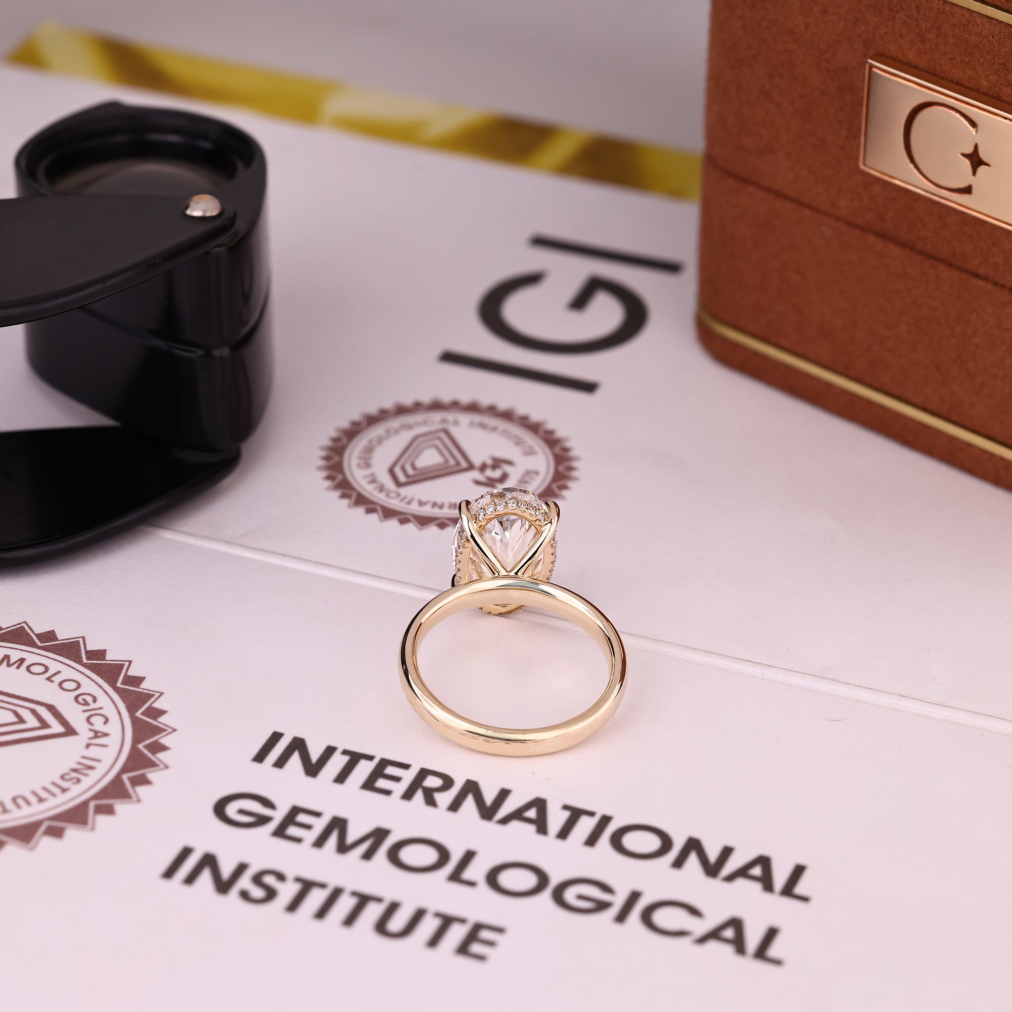 IGI Certified oval hidden halo engagement ring
