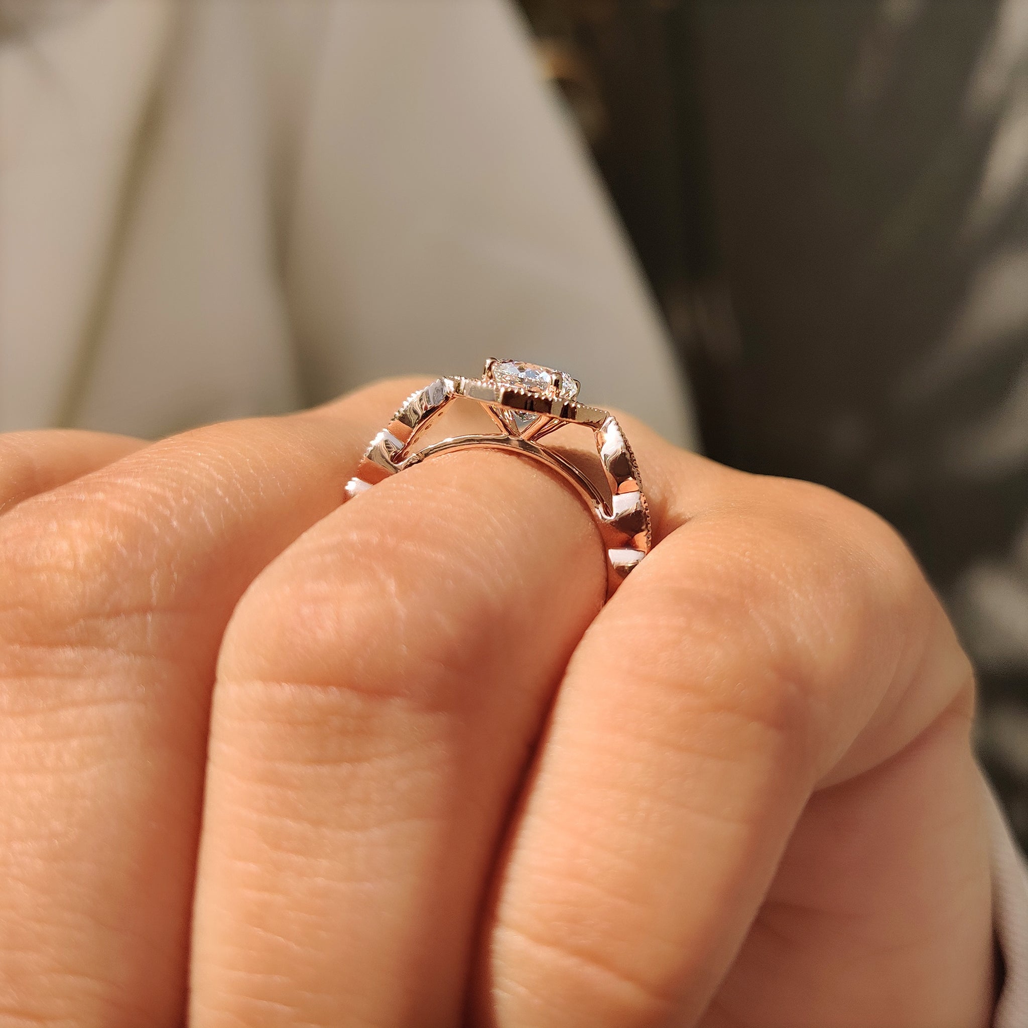 Lab grown Portuguese diamond ring with cathedral setting design.

