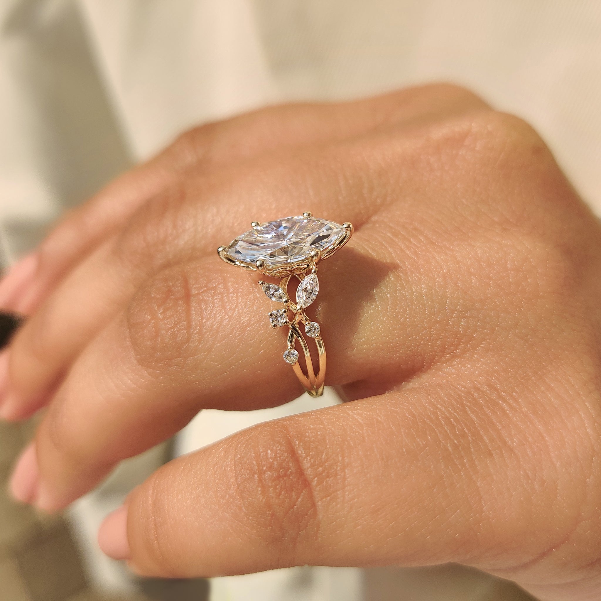 Lab grown marquise diamond ring with tulip style setting.
