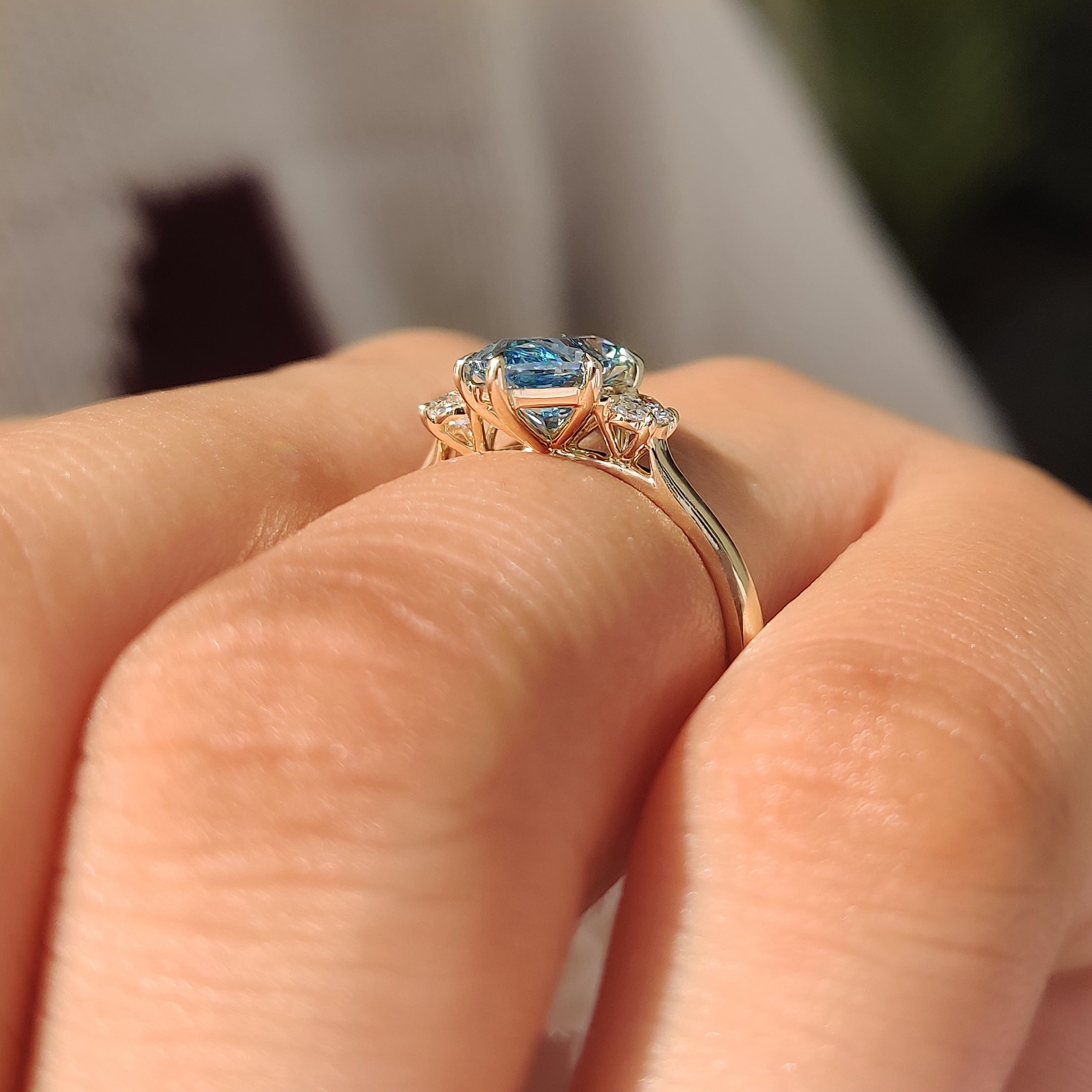Handmade three stone blue Dutch marquise engagement ring.
