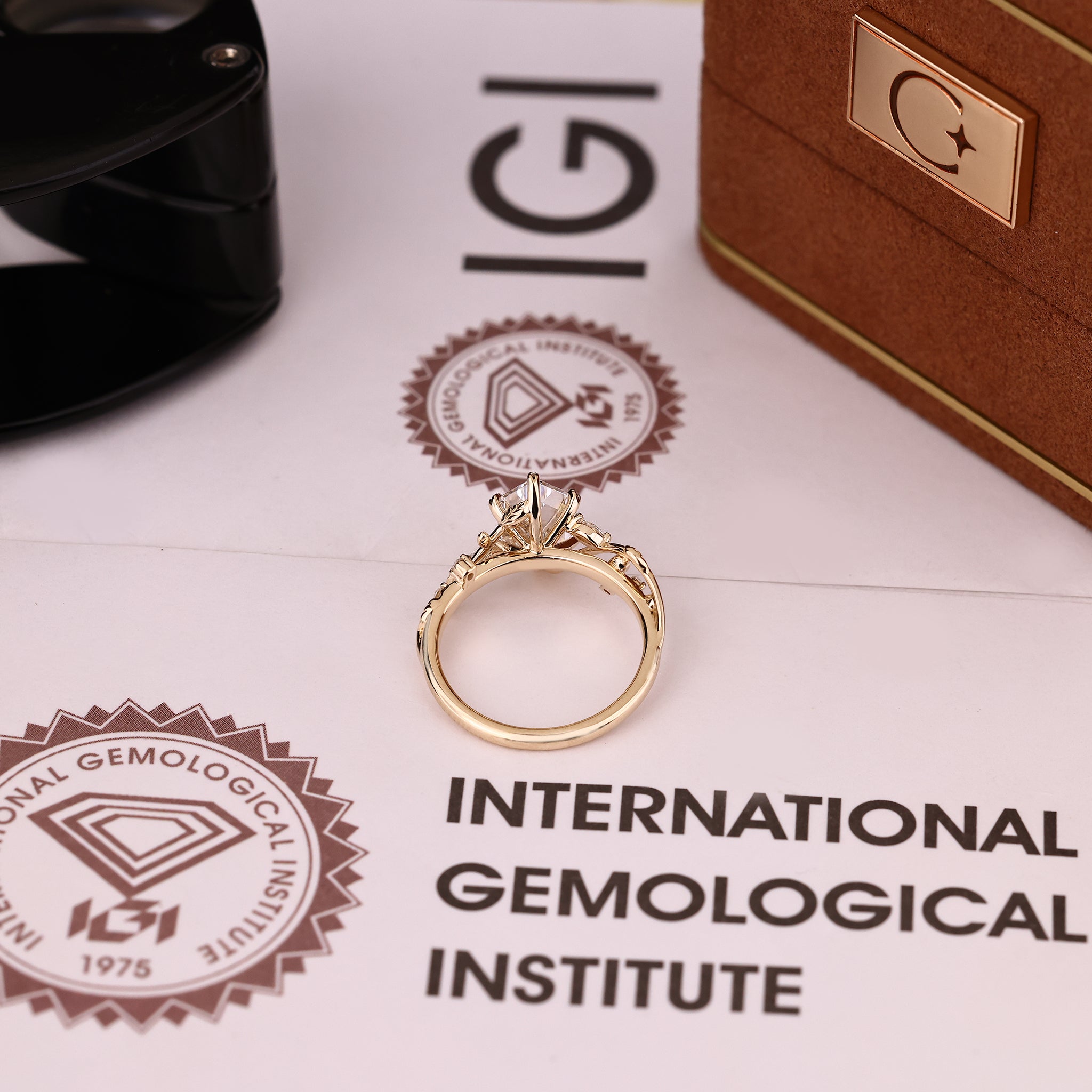 IGI Certified hexagon step cut diamond nature inspired ring
