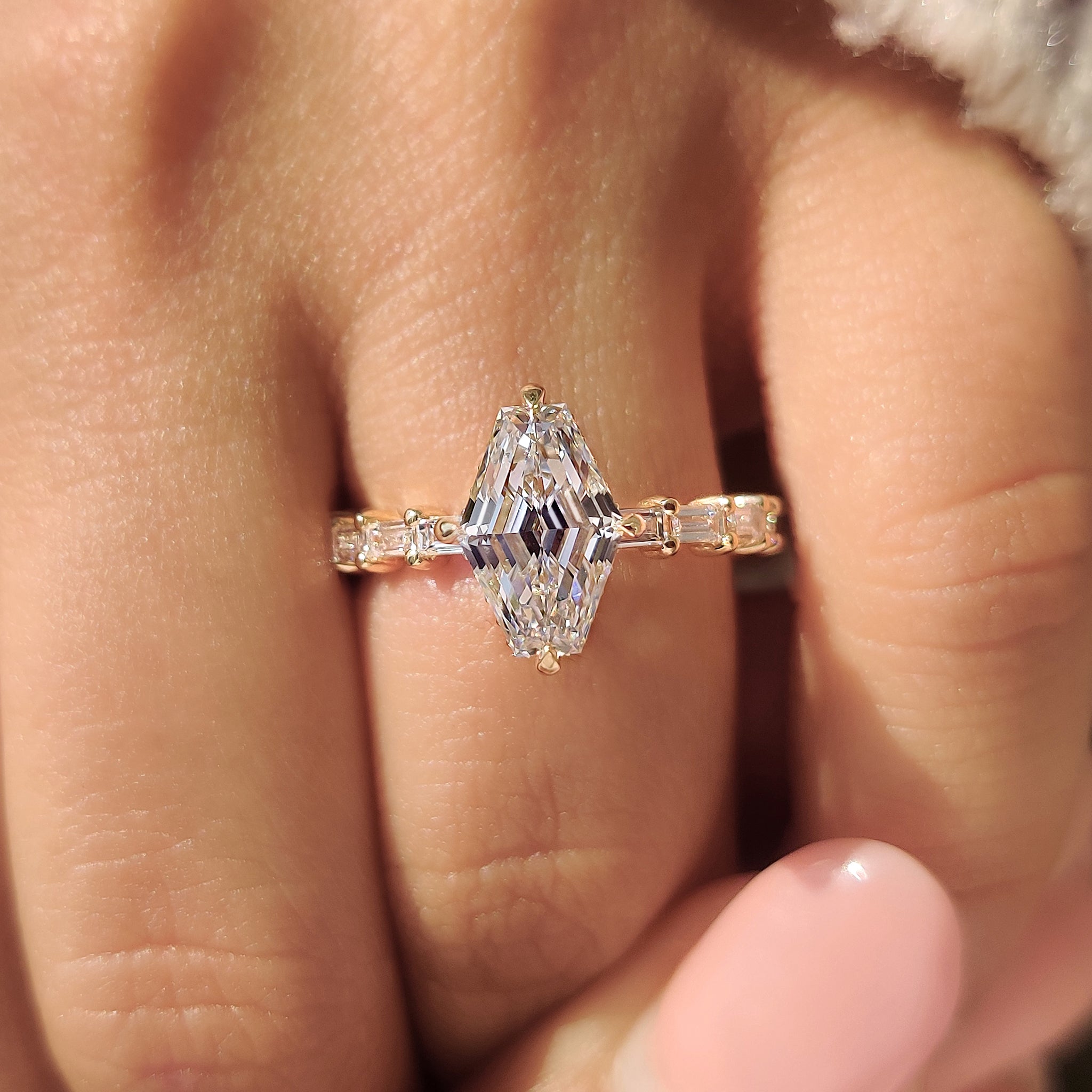 Handmade hexagon diamond ring with hidden halo detail.
