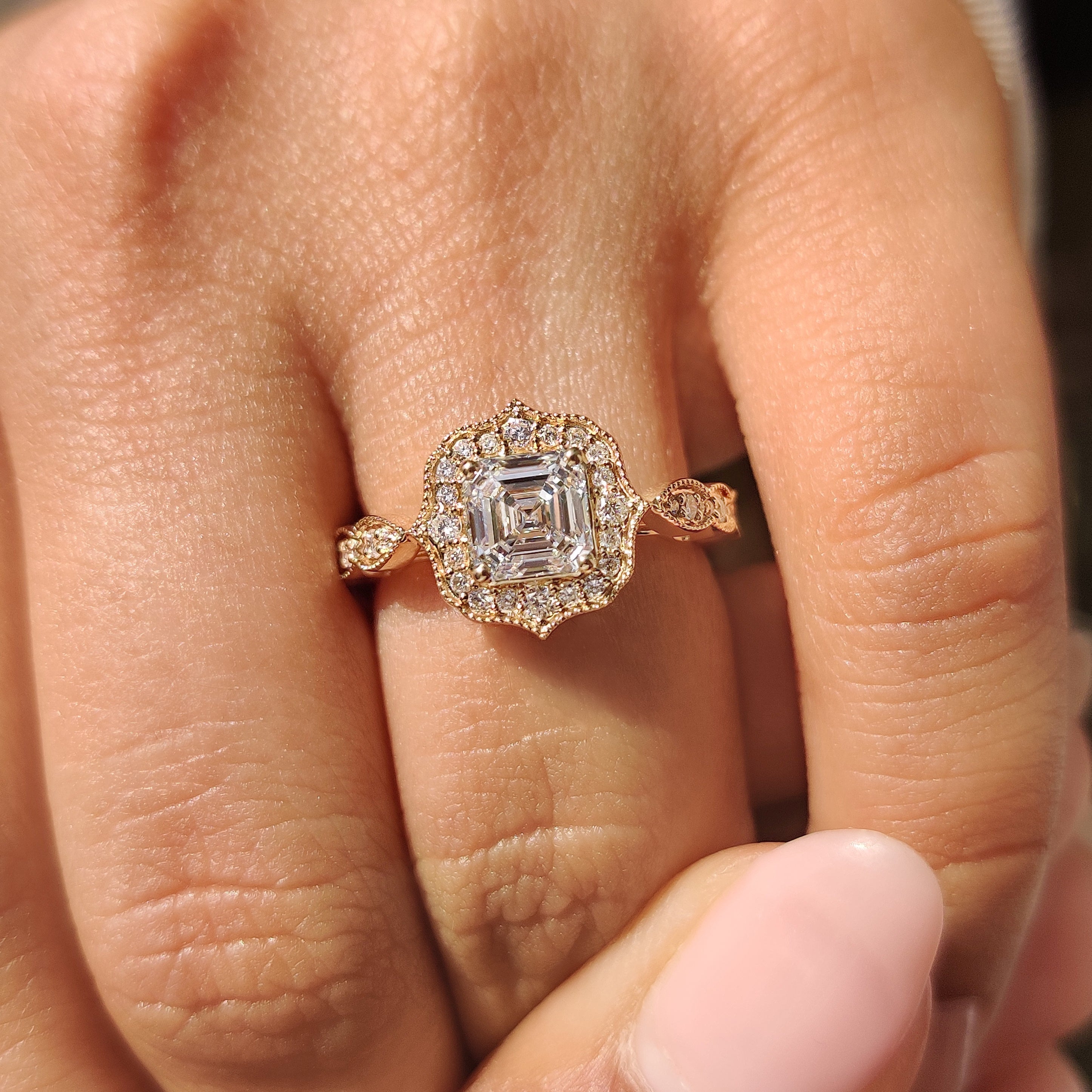 Vintage Asscher diamond ring with four prong setting.
