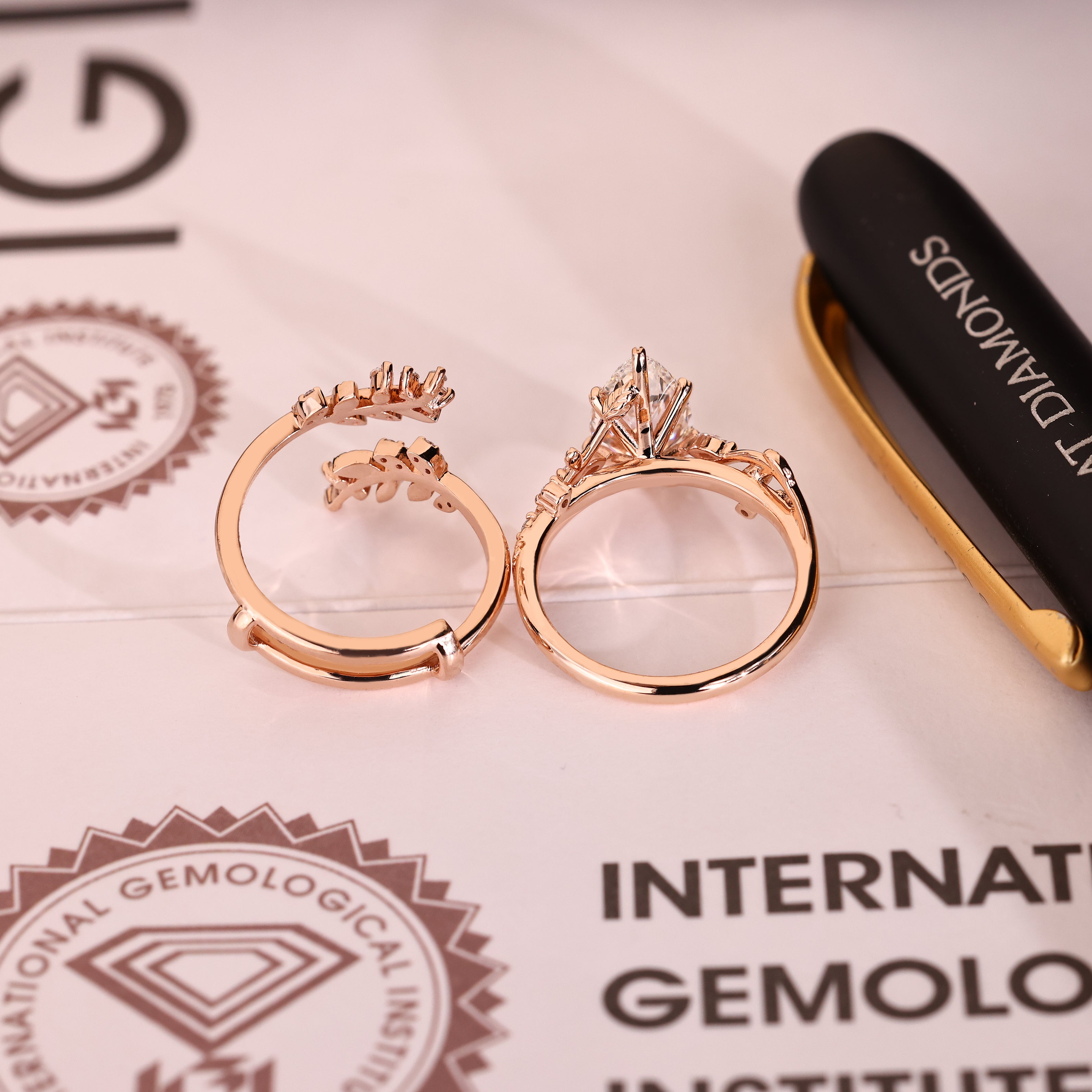 IGI certified pear diamond ring with matching wedding band
