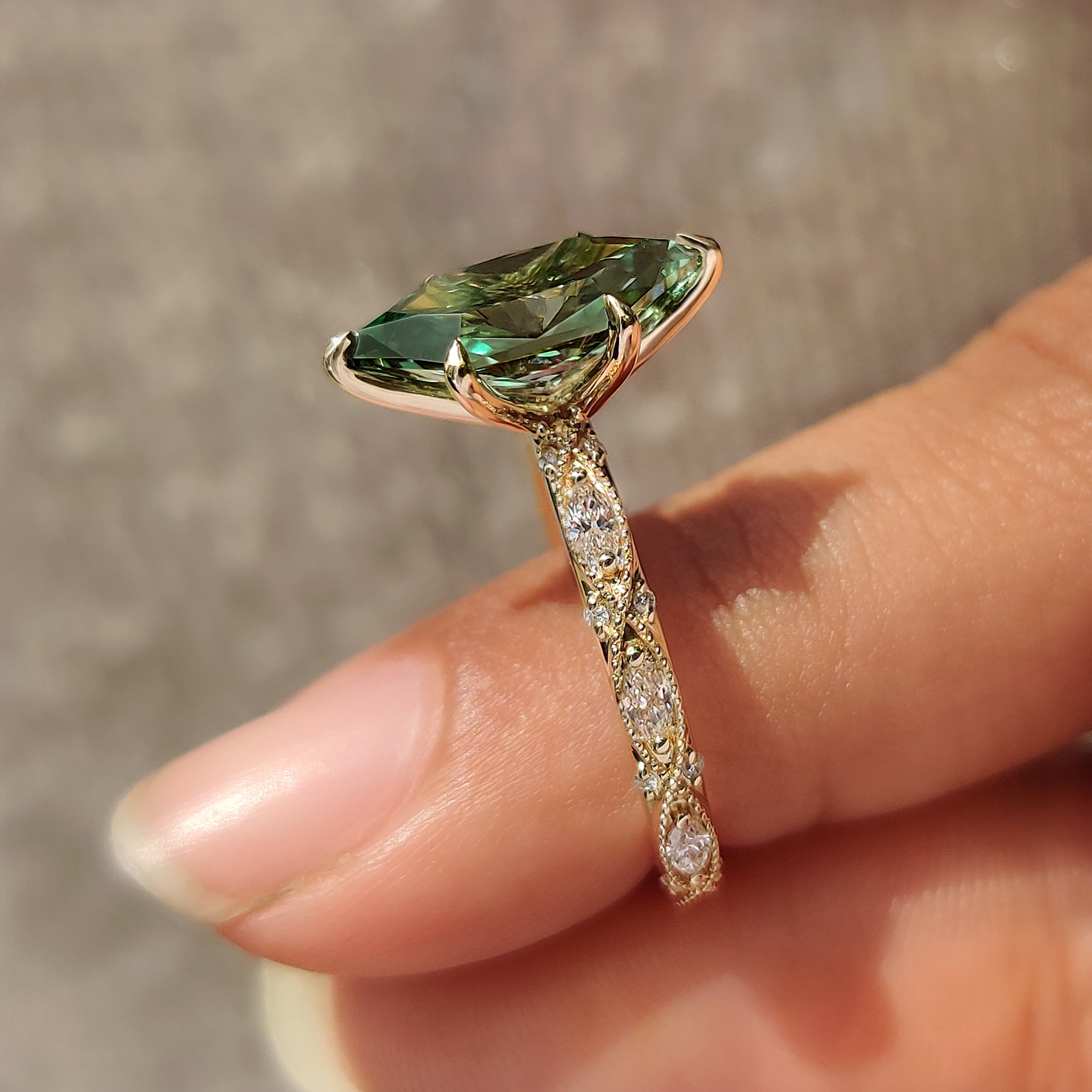Green Dutch marquise engagement ring handcrafted by Carat Diamonds
