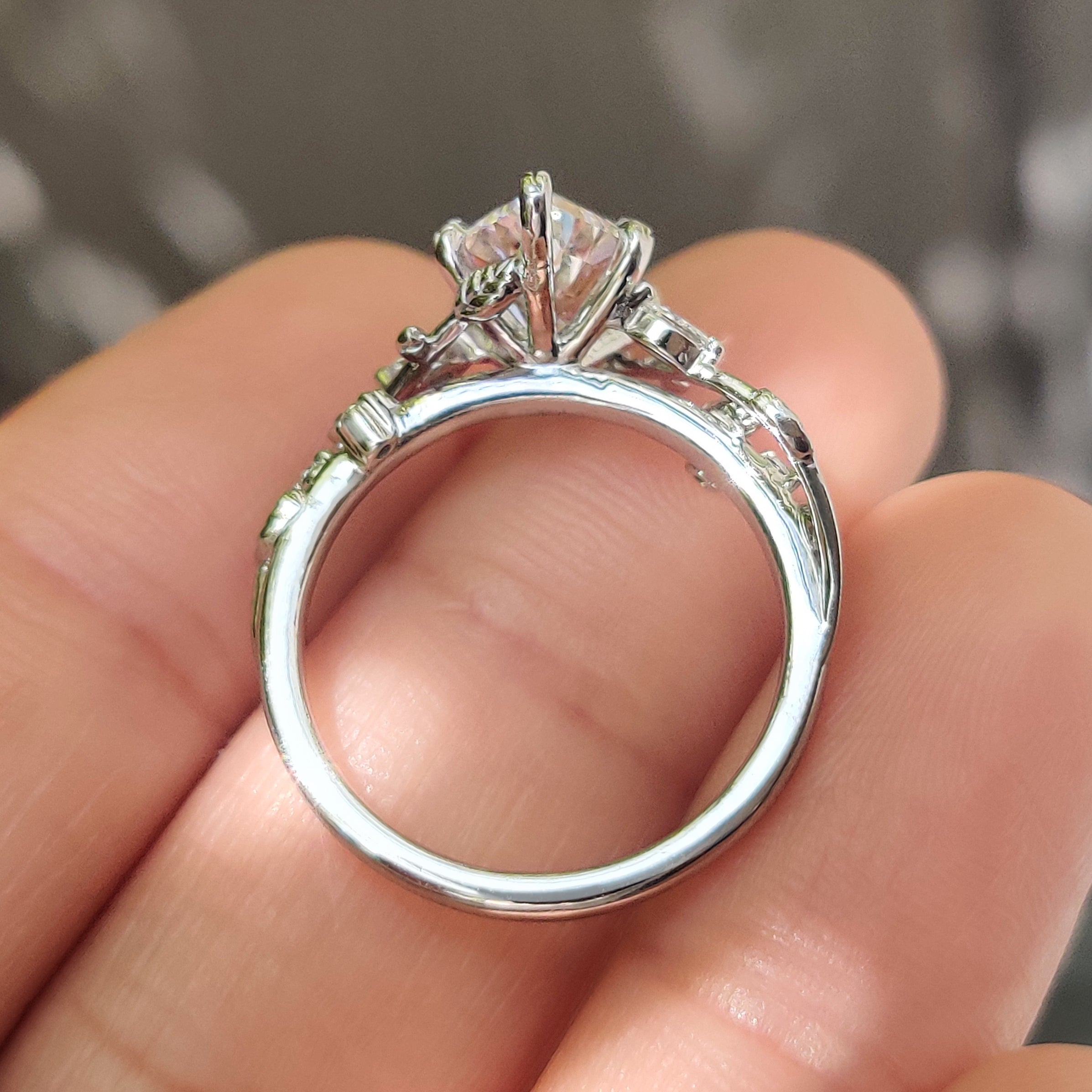 IGI certified lab grown marquise ring with leaf prongs.
