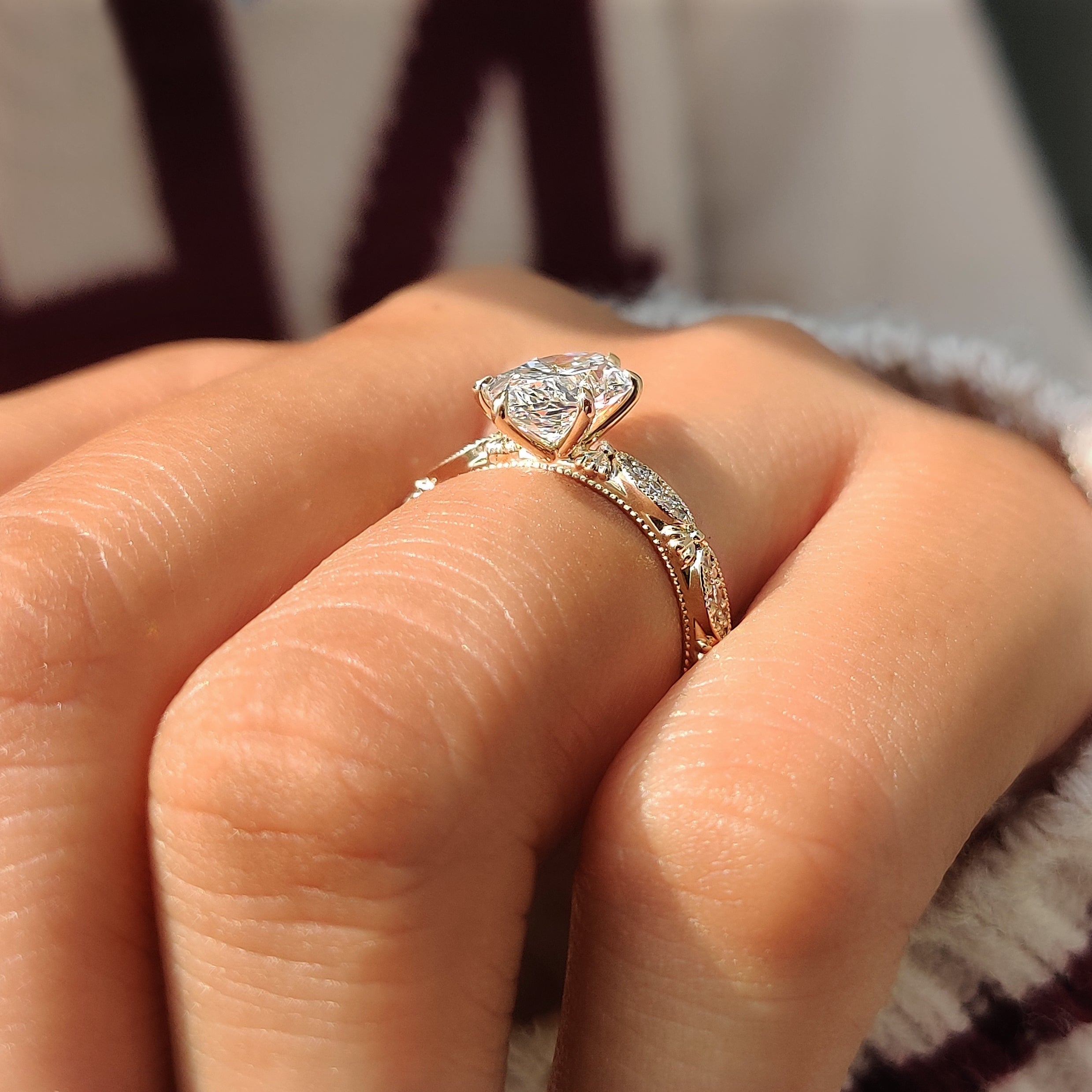 Vintage inspired ring with engraved floral patterns.

