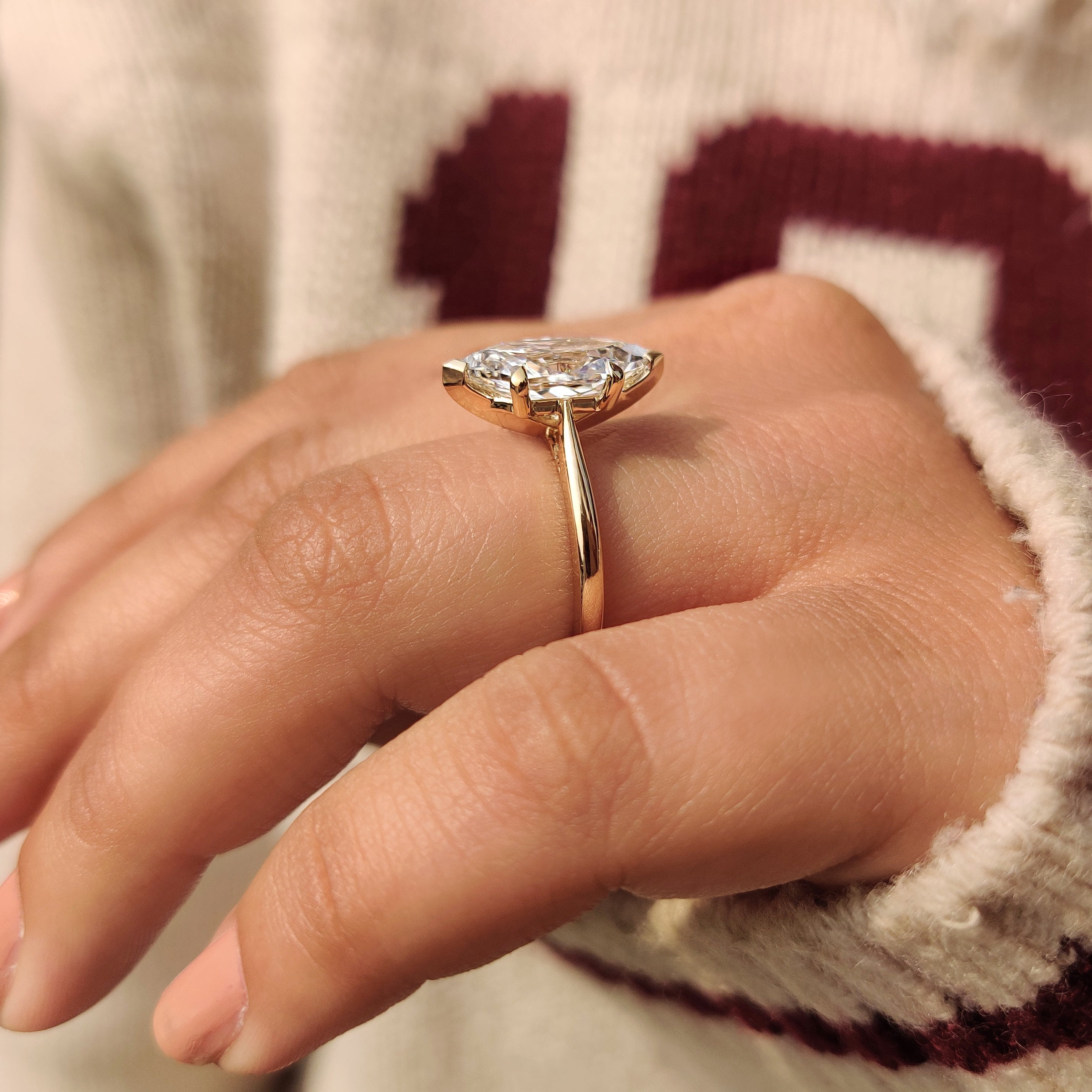 Lab grown dutch marquise diamond ring with cathedral style.
