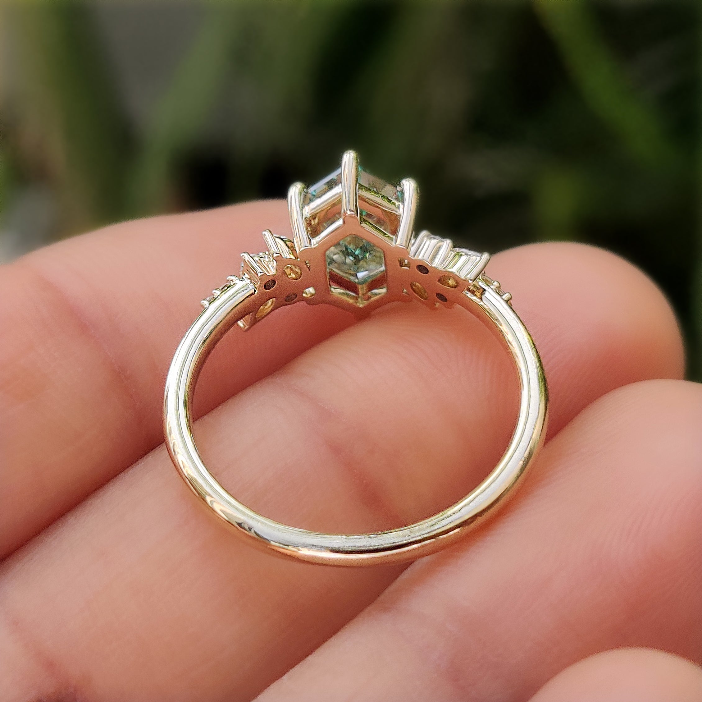 Handmade green hexagon diamond ring.
