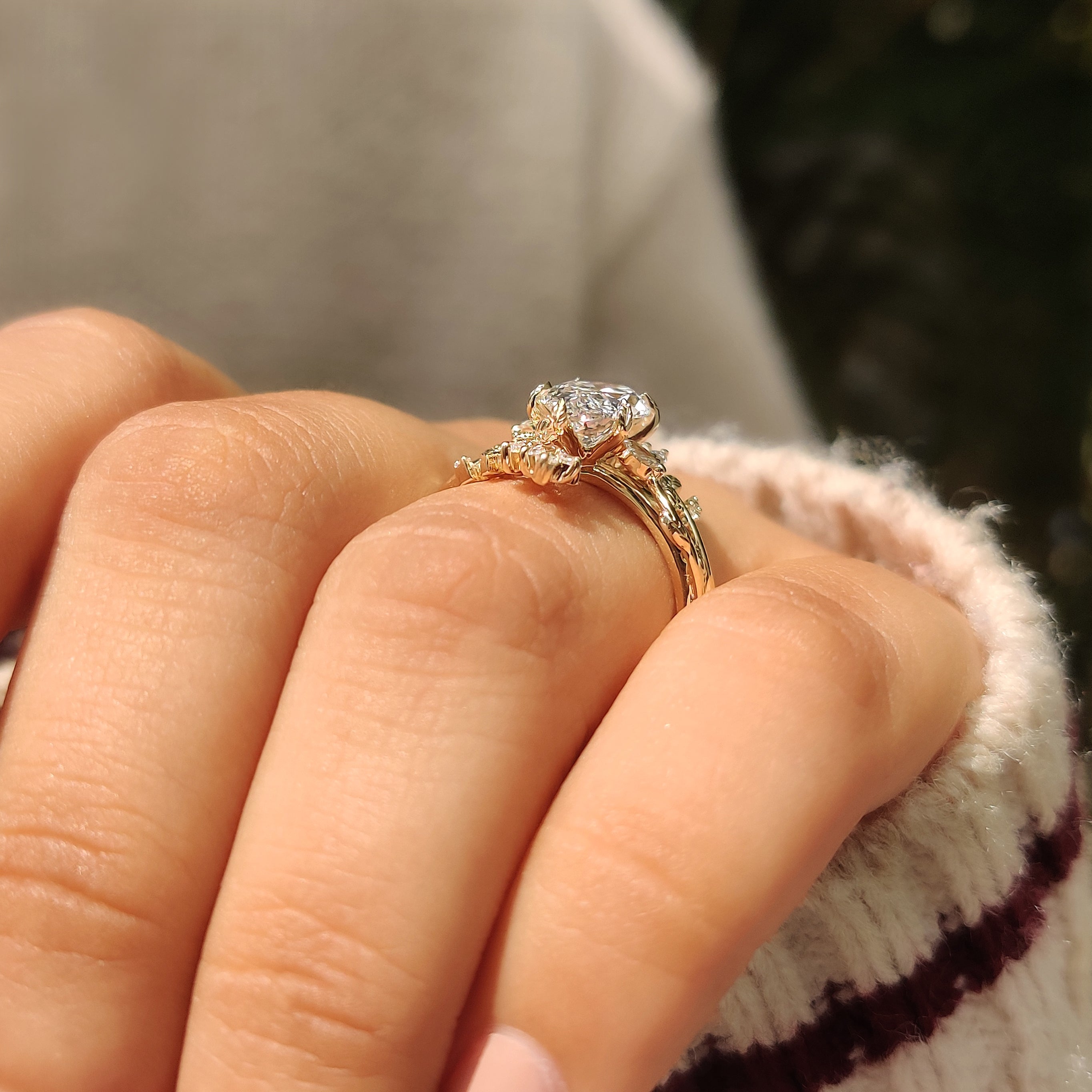 Nature inspired marquise ring set with leaf detail accents
