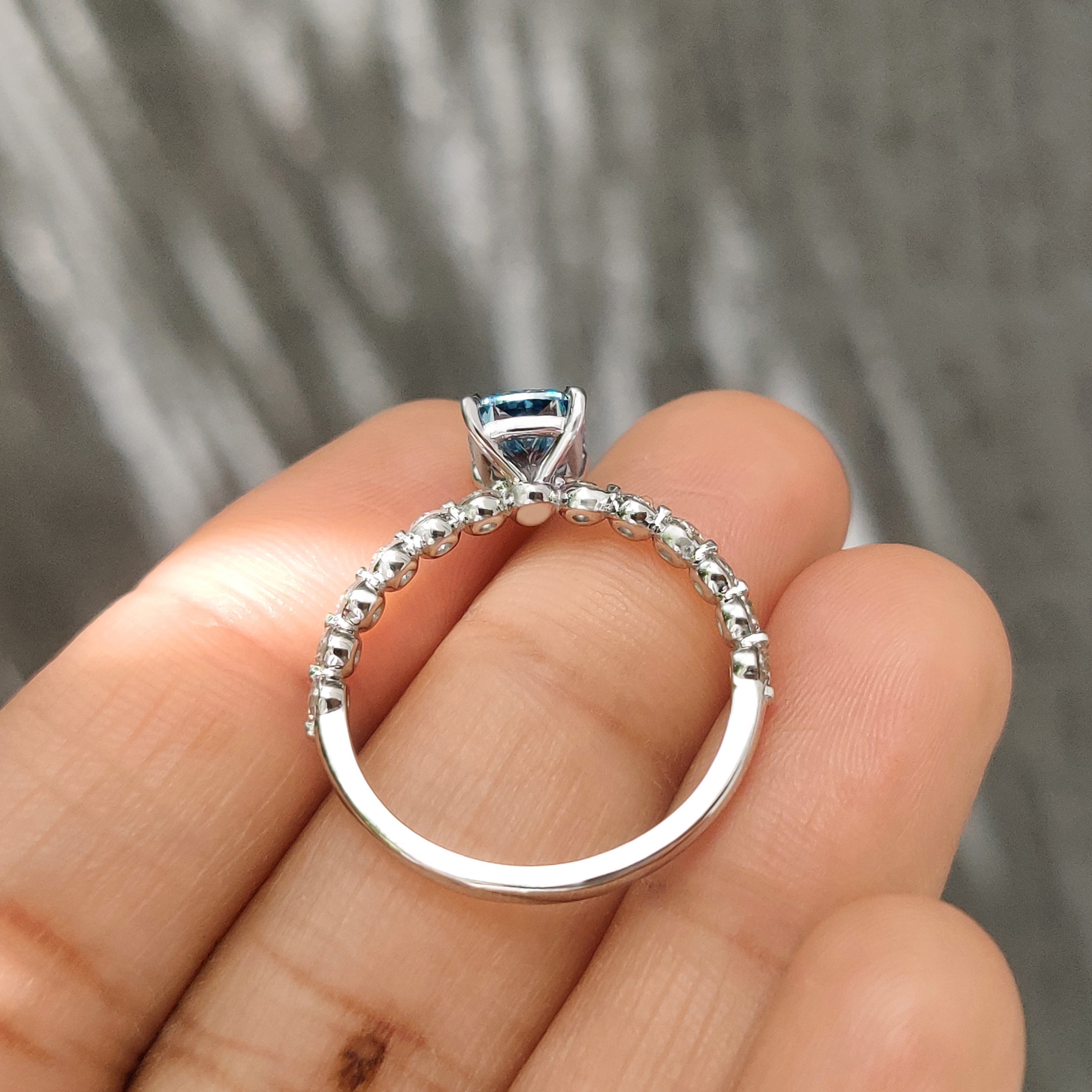 Lab grown blue cushion diamond ring handmade.
