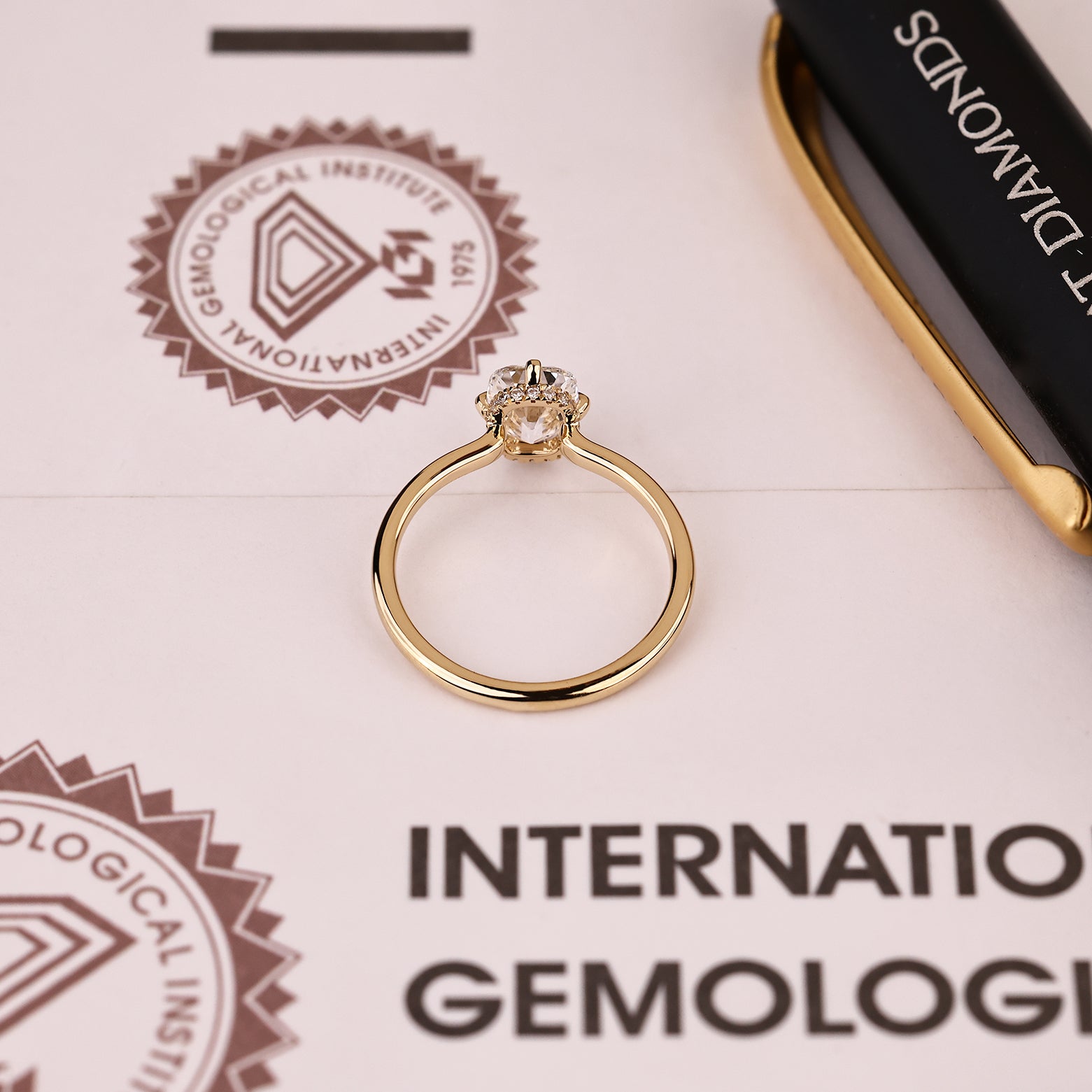 Handmade lab grown diamond ring with cushion OMC center
