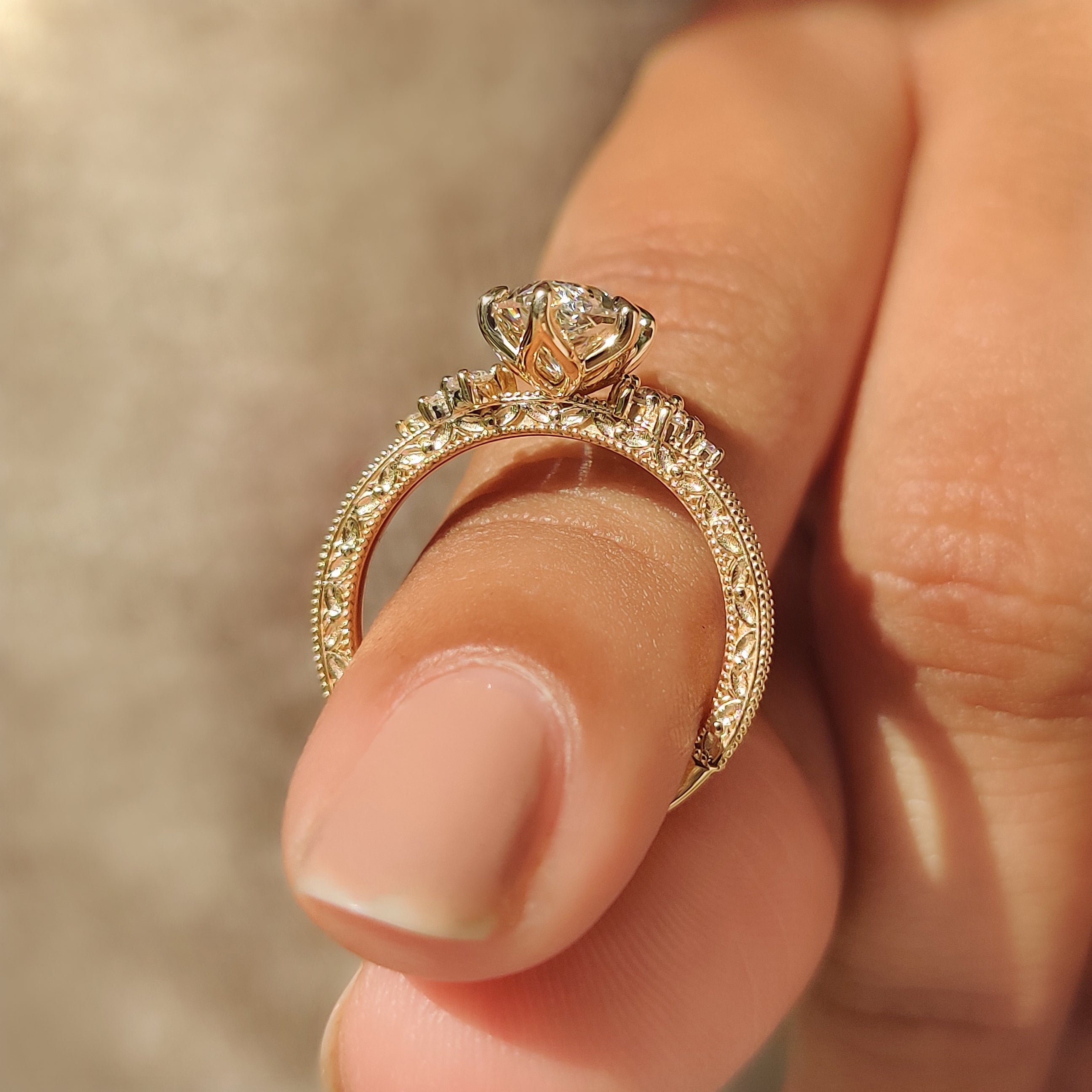 Dutch marquise engagement ring with milgrain and tulip setting
