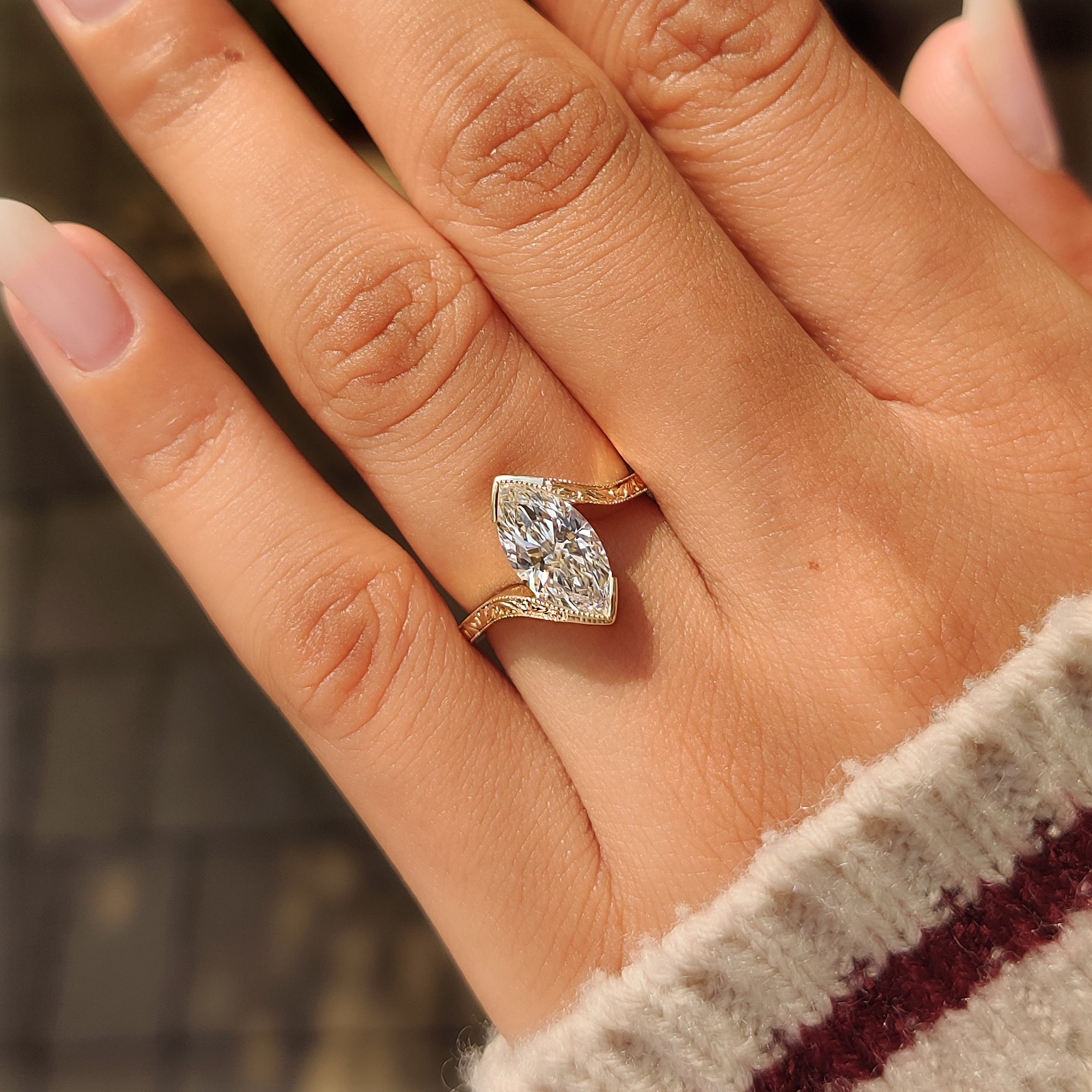 Bypass setting on a marquise diamond ring.
