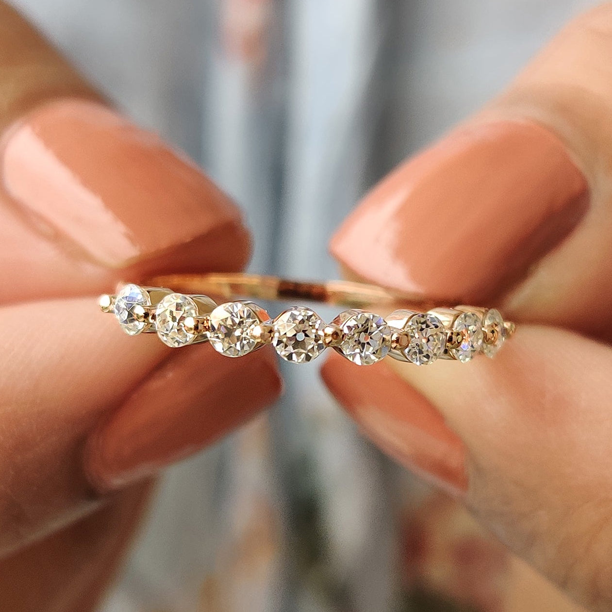 Buy moissanite band with eternity wedding band craftsmanship and rose gold finish.