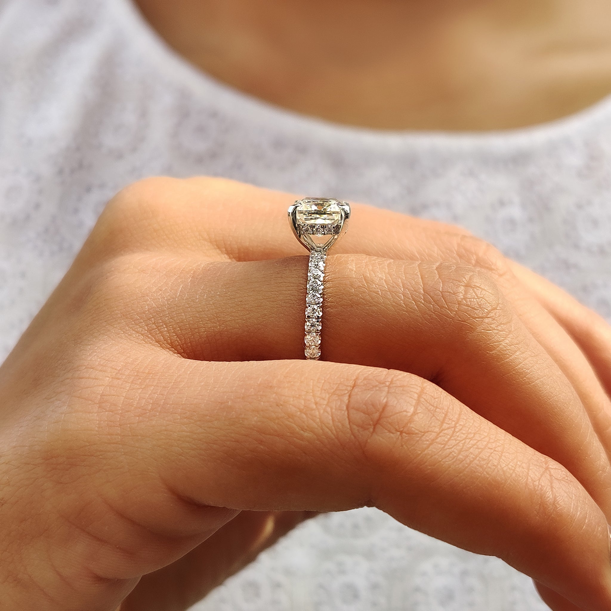 White Gold Cushion Cut Hidden Halo Engagement Ring