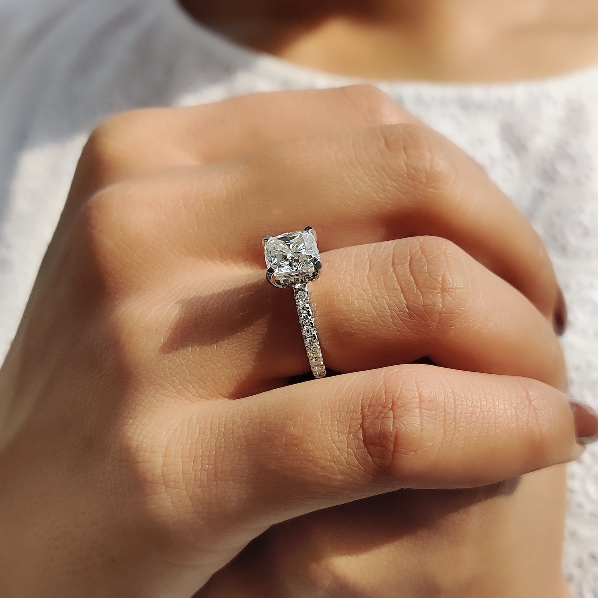 White Gold Cushion Cut Hidden Halo Engagement Ring