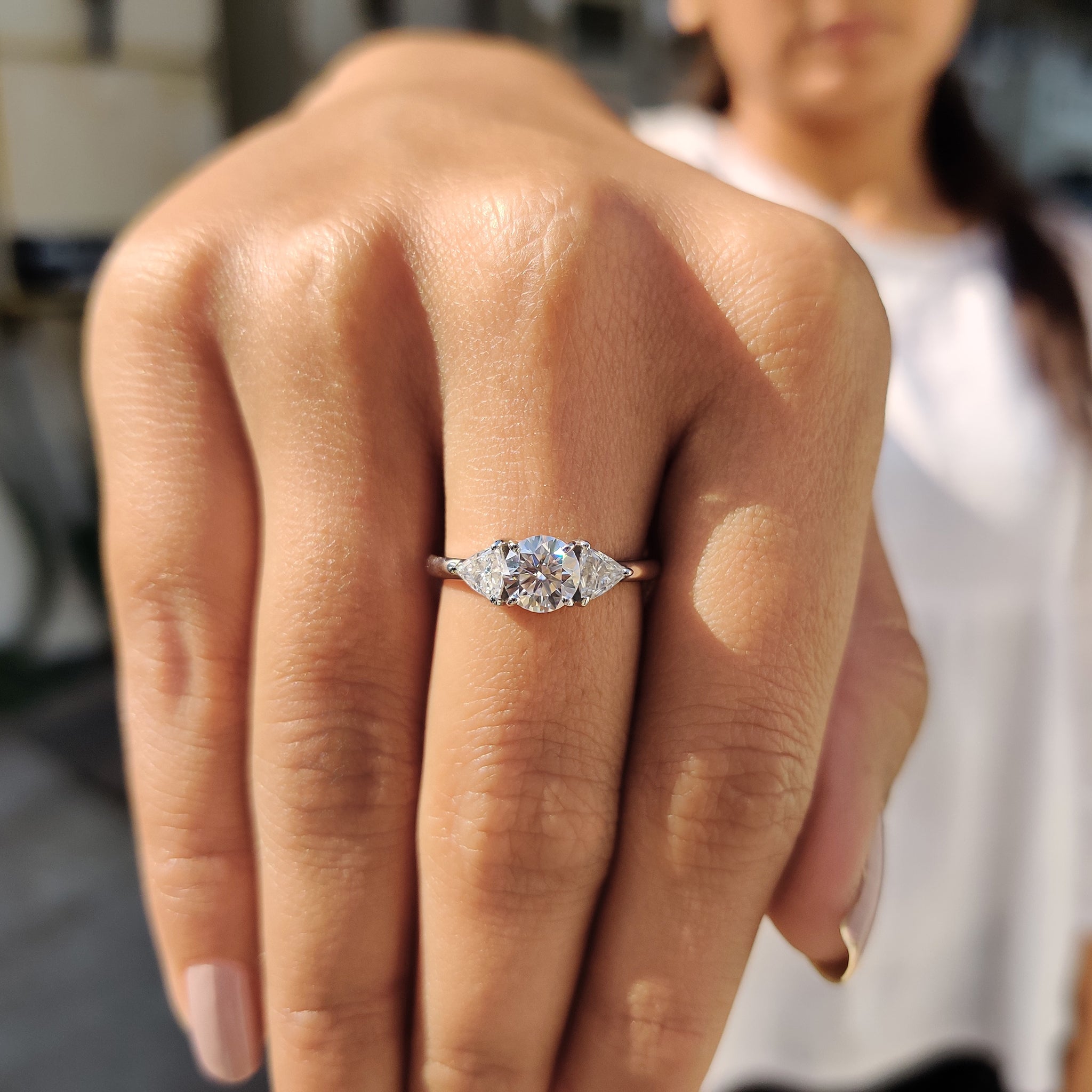 Round And Trillion Cut Moissanite Stone Engagement Ring