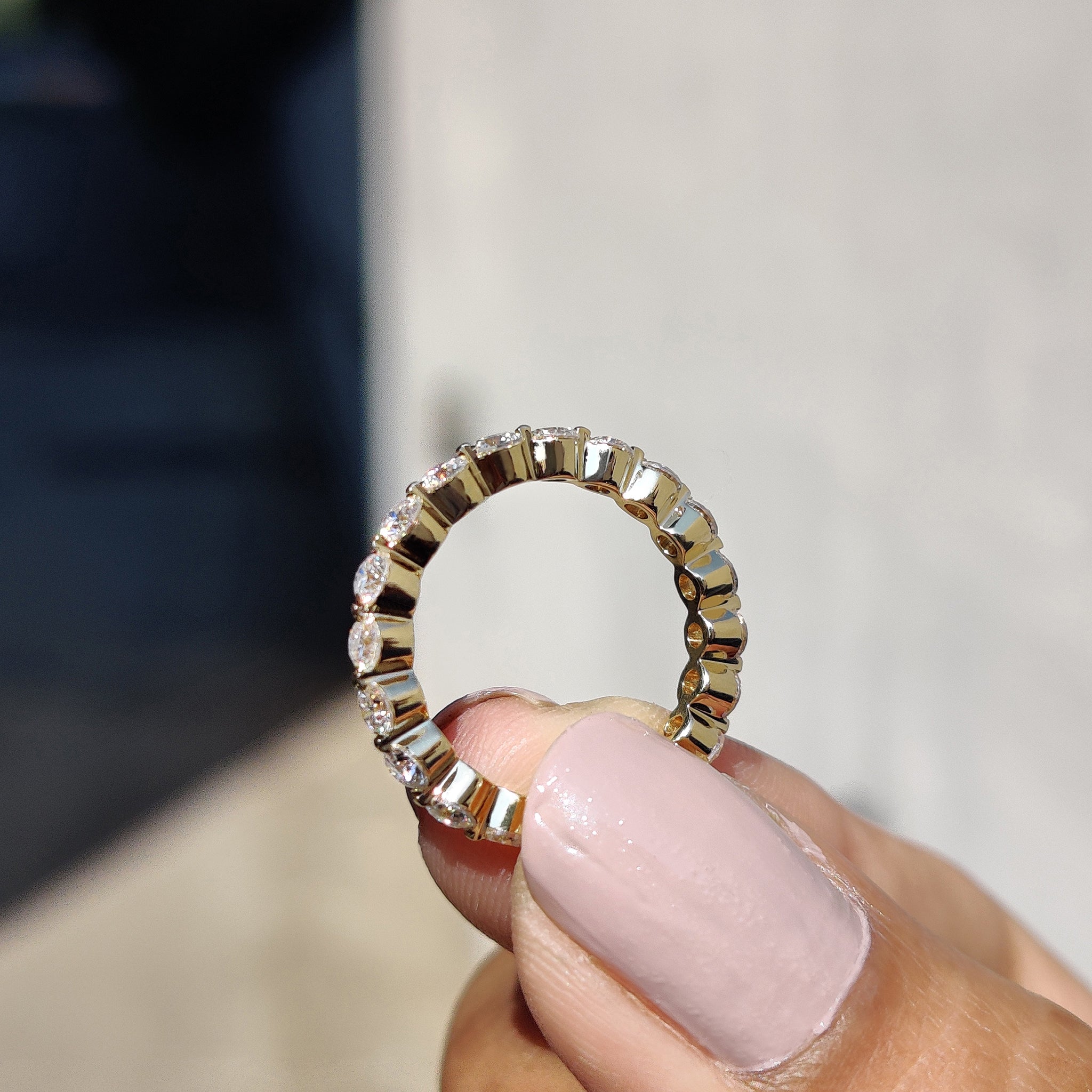 Moissanite wedding band with a full eternity design for a stunning look.