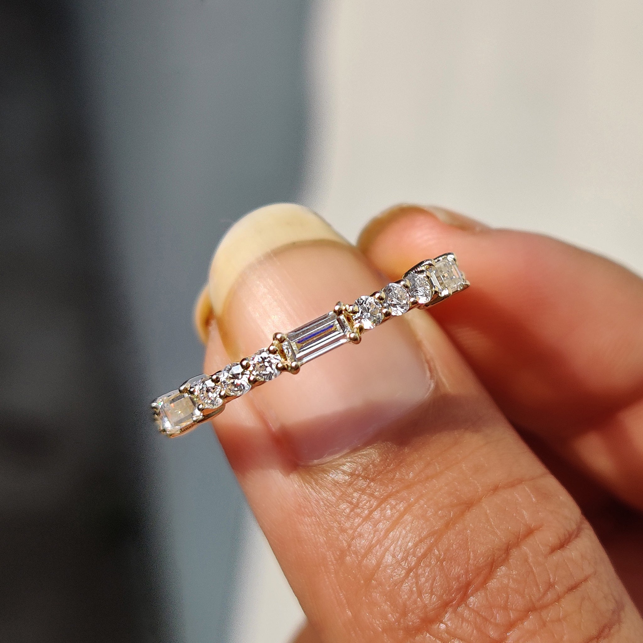 Handmade band crafted in yellow gold with a full eternity wedding band.