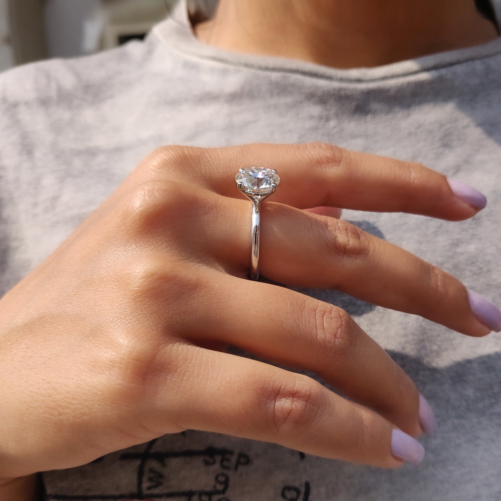 Custom engagement ring with white gold and moissanite.