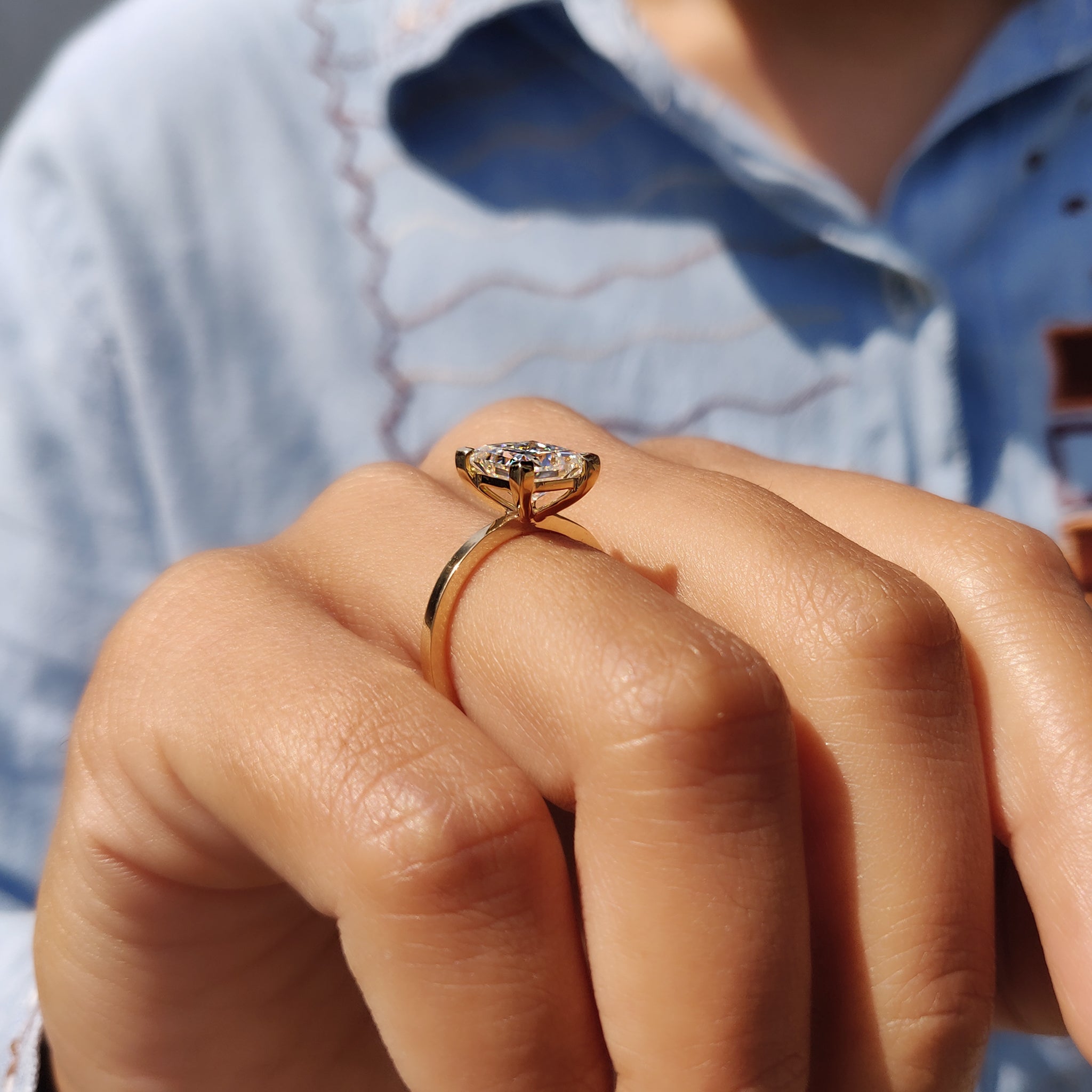 This moissanite ring shines brightly and ethically, offering lasting beauty.
