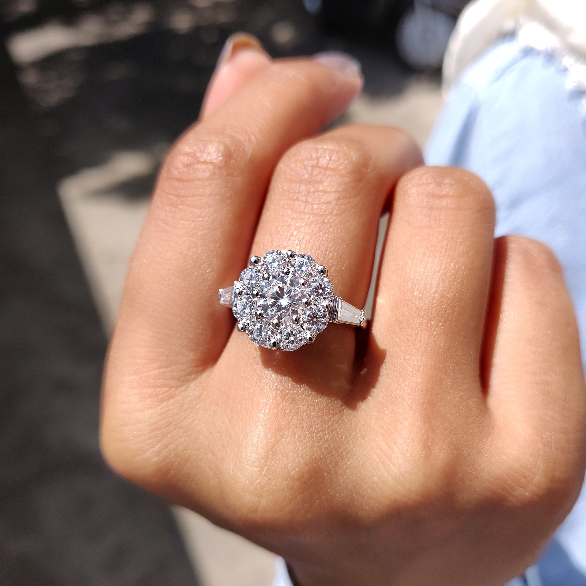 A unique engagement ring stands out with its one-of-a-kind design.
