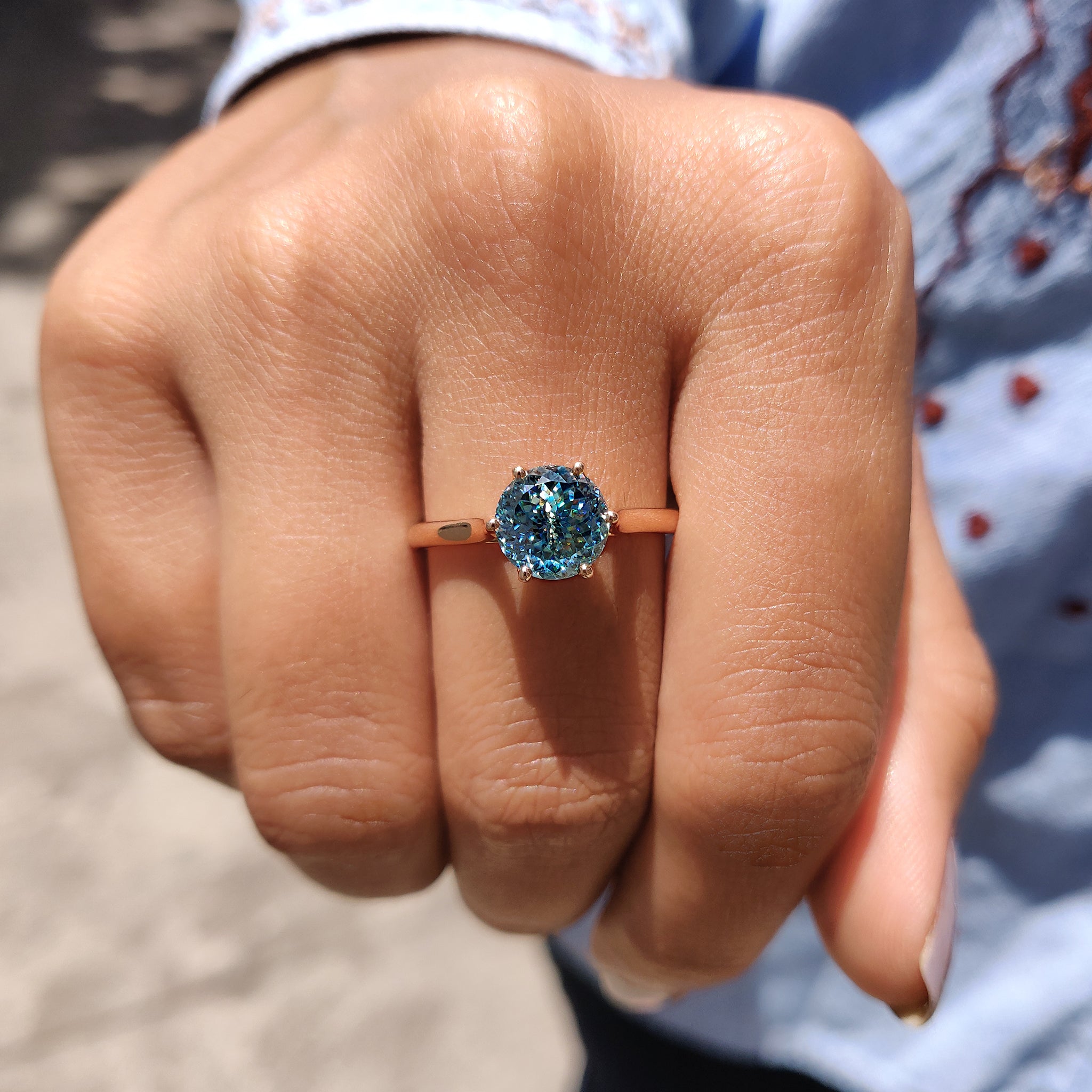 Cyan Blue Portuguese Cut Solitaire Engagement Ring