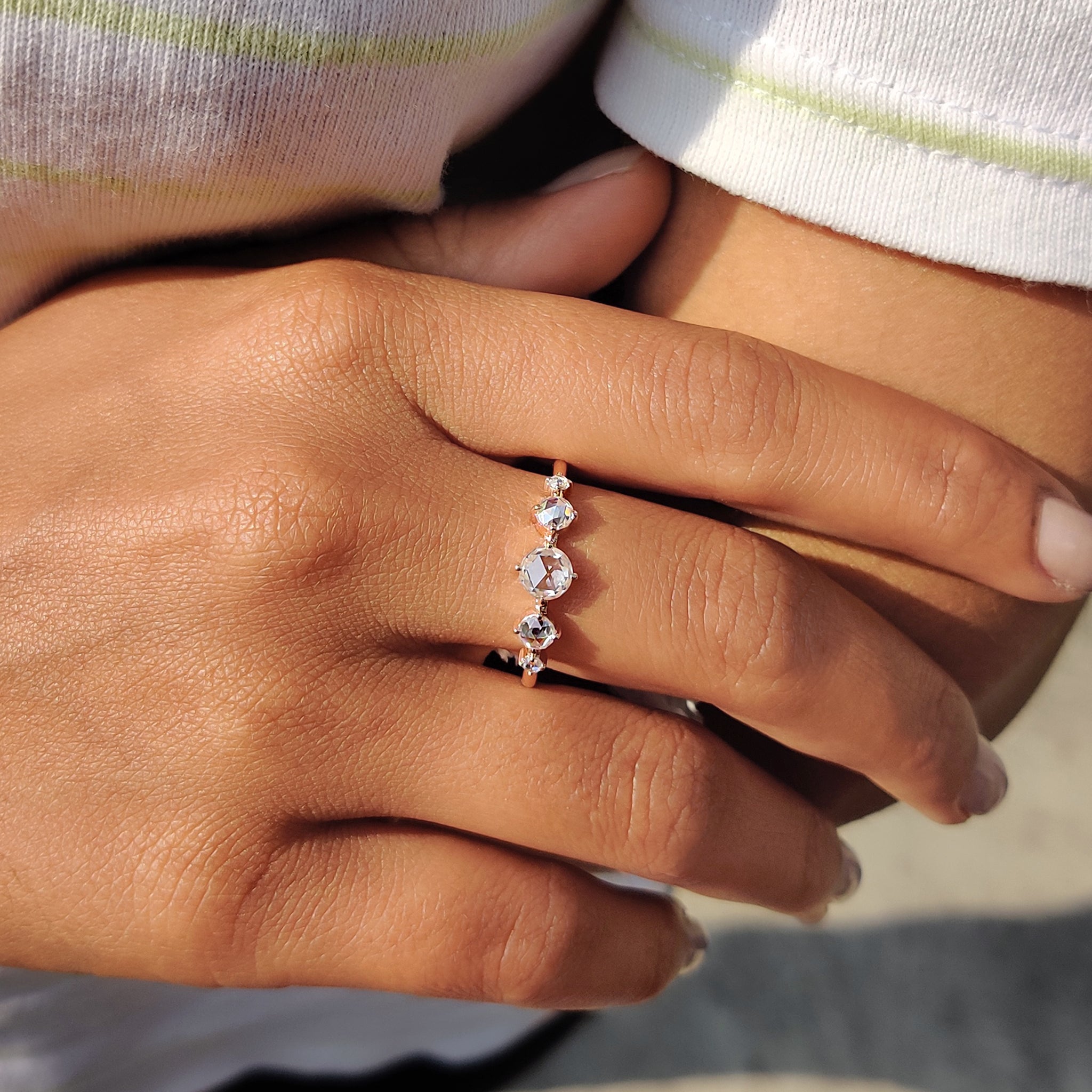 Unique engagement ring featuring a rose cut moissanite
