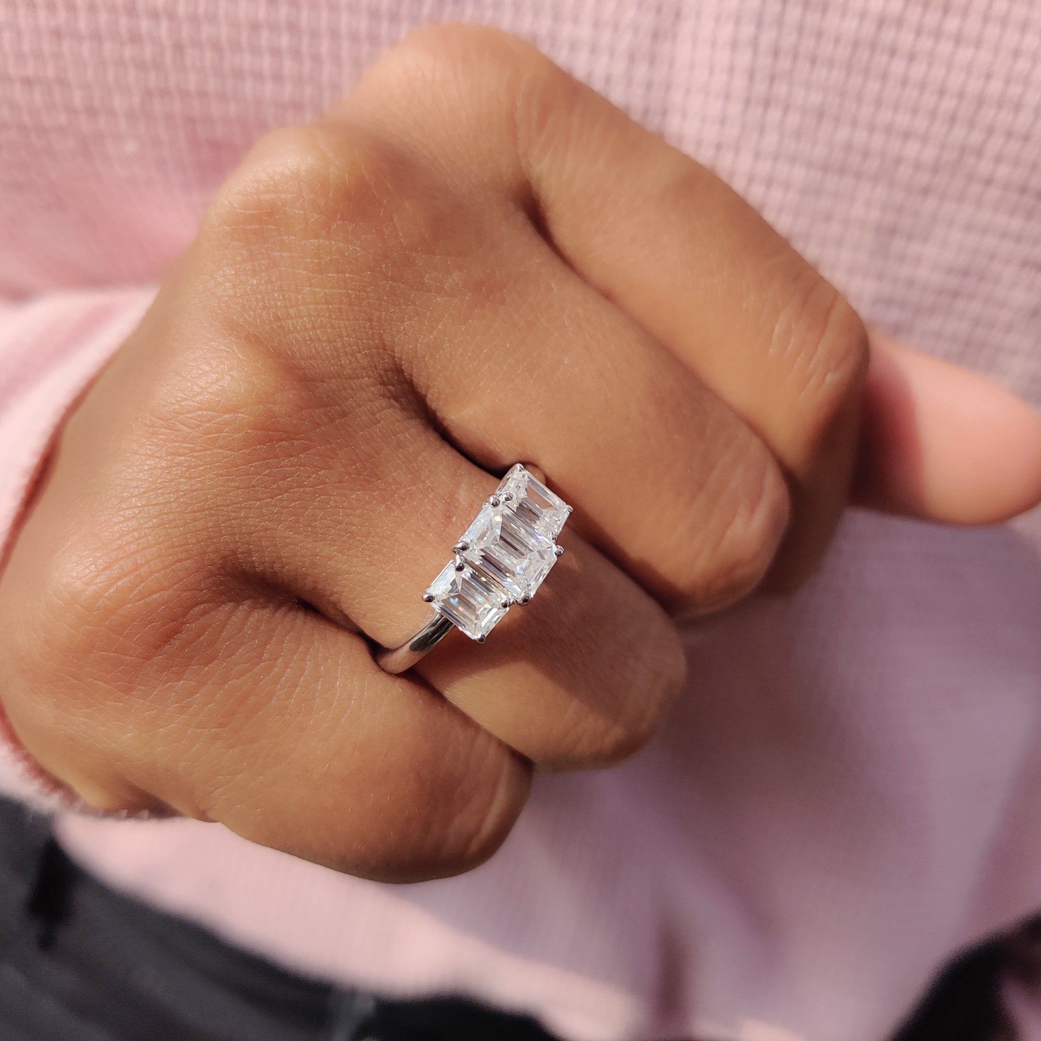 The moissanite ring shines bright with long-lasting brilliance and ethical appeal.
