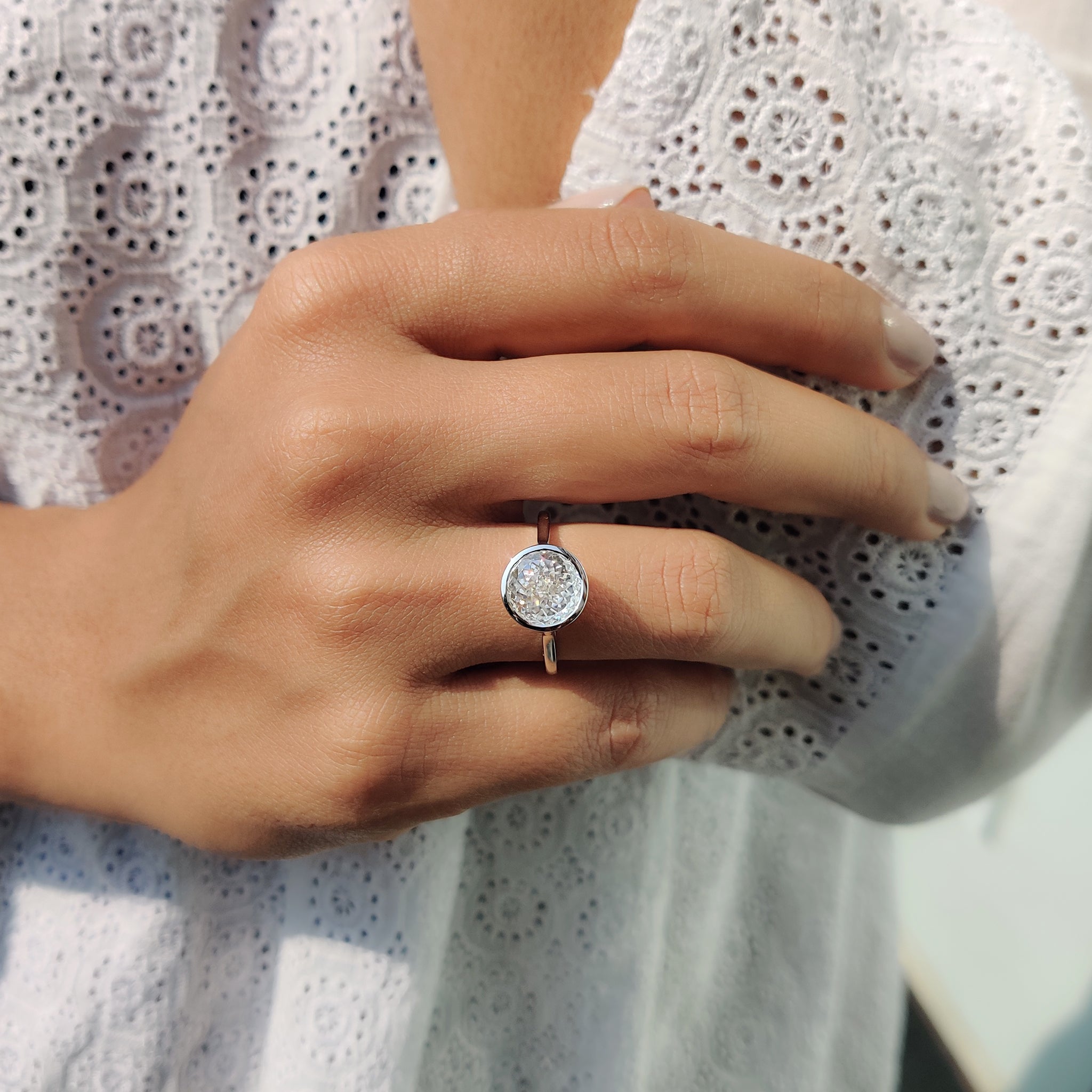 A unique engagement ring stands out with its one-of-a-kind design.
