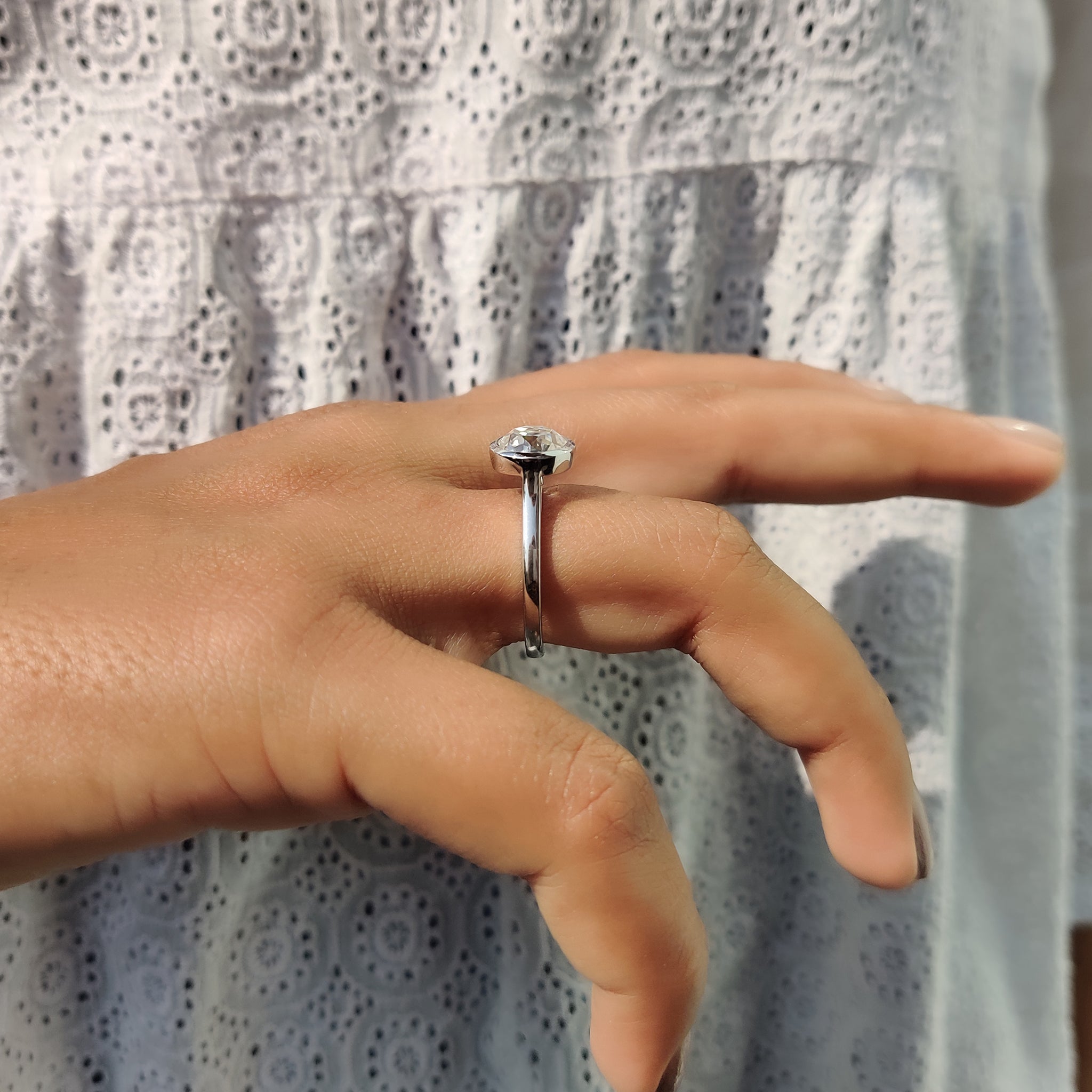 A moissanite ring shines brightly with exceptional clarity and ethical sourcing.
