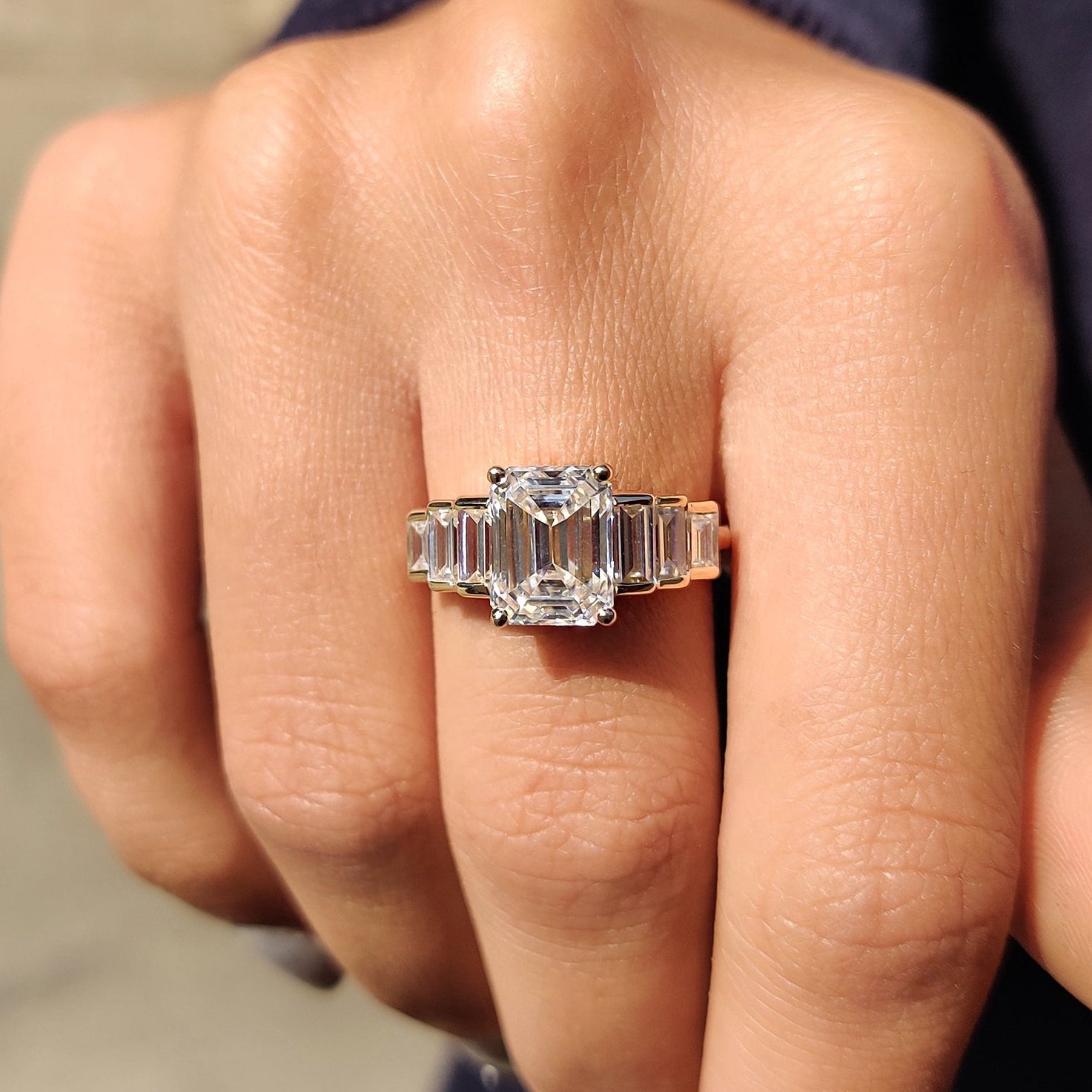7 Stone Emerald And Baguette Cut Diamond Ring