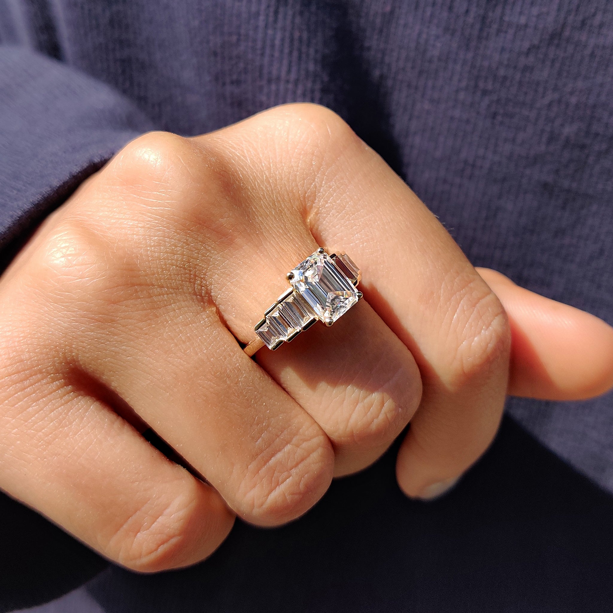 7 Stone Emerald And Baguette Cut Diamond Ring
