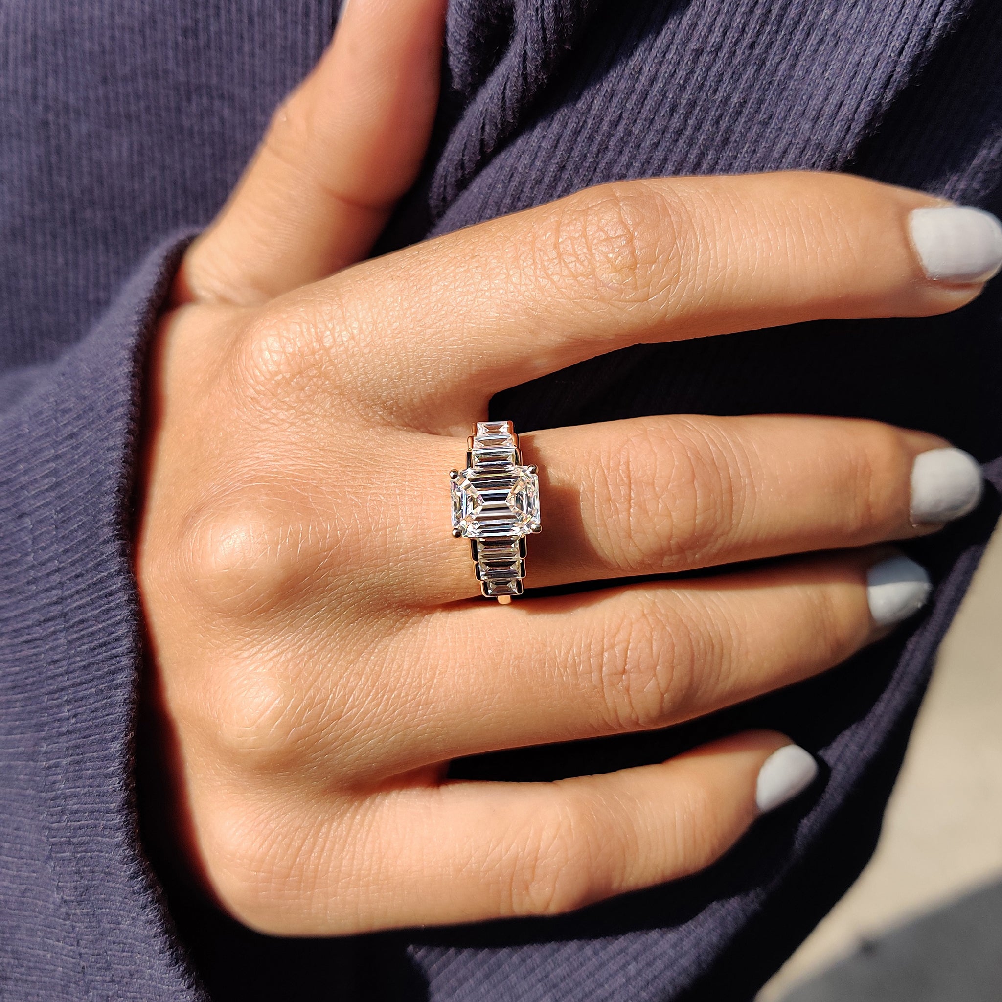 7 Stone Emerald And Baguette Cut Diamond Ring